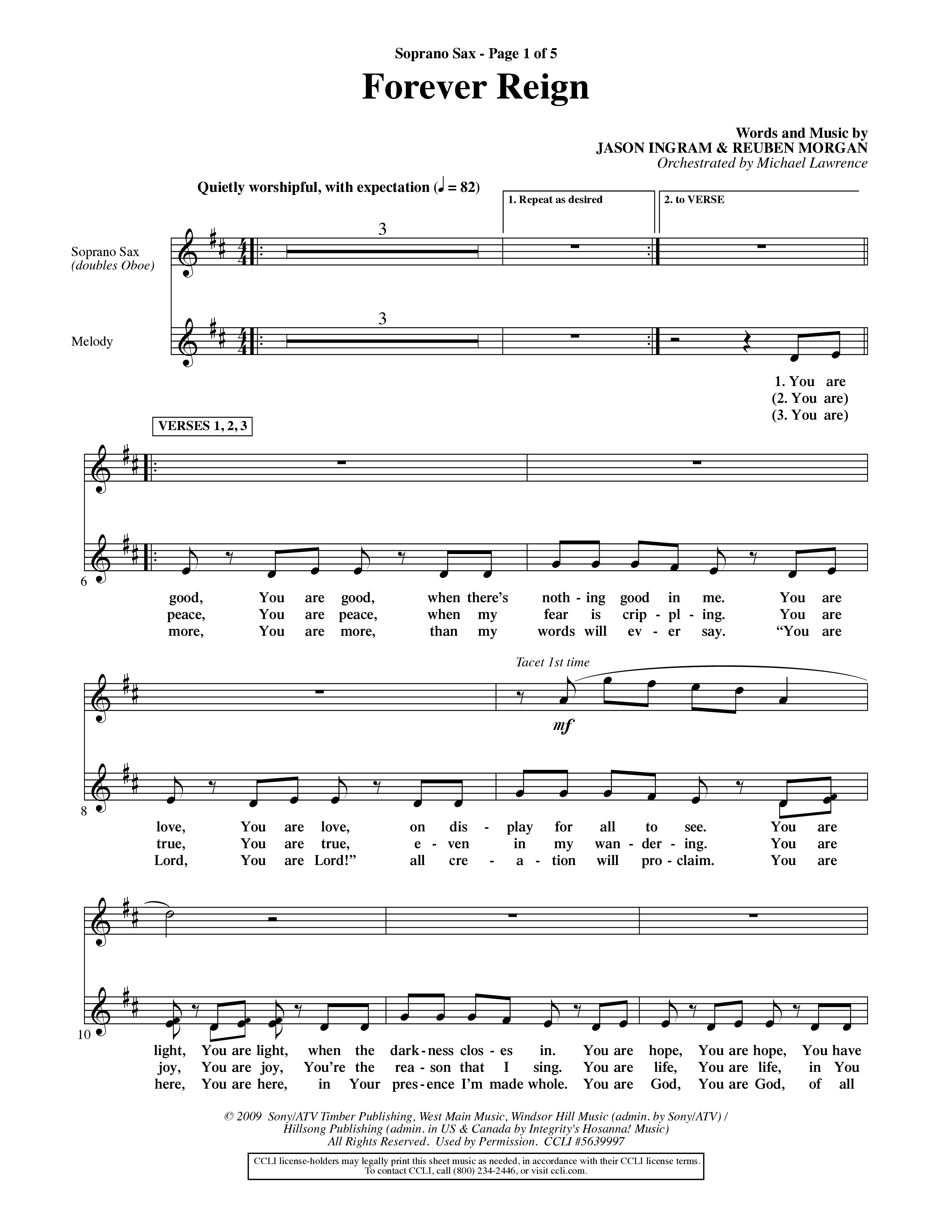 Forever Reign (Choral Anthem SATB) Saxophone (Word Music Choral / Orch. Michael Lawrence)