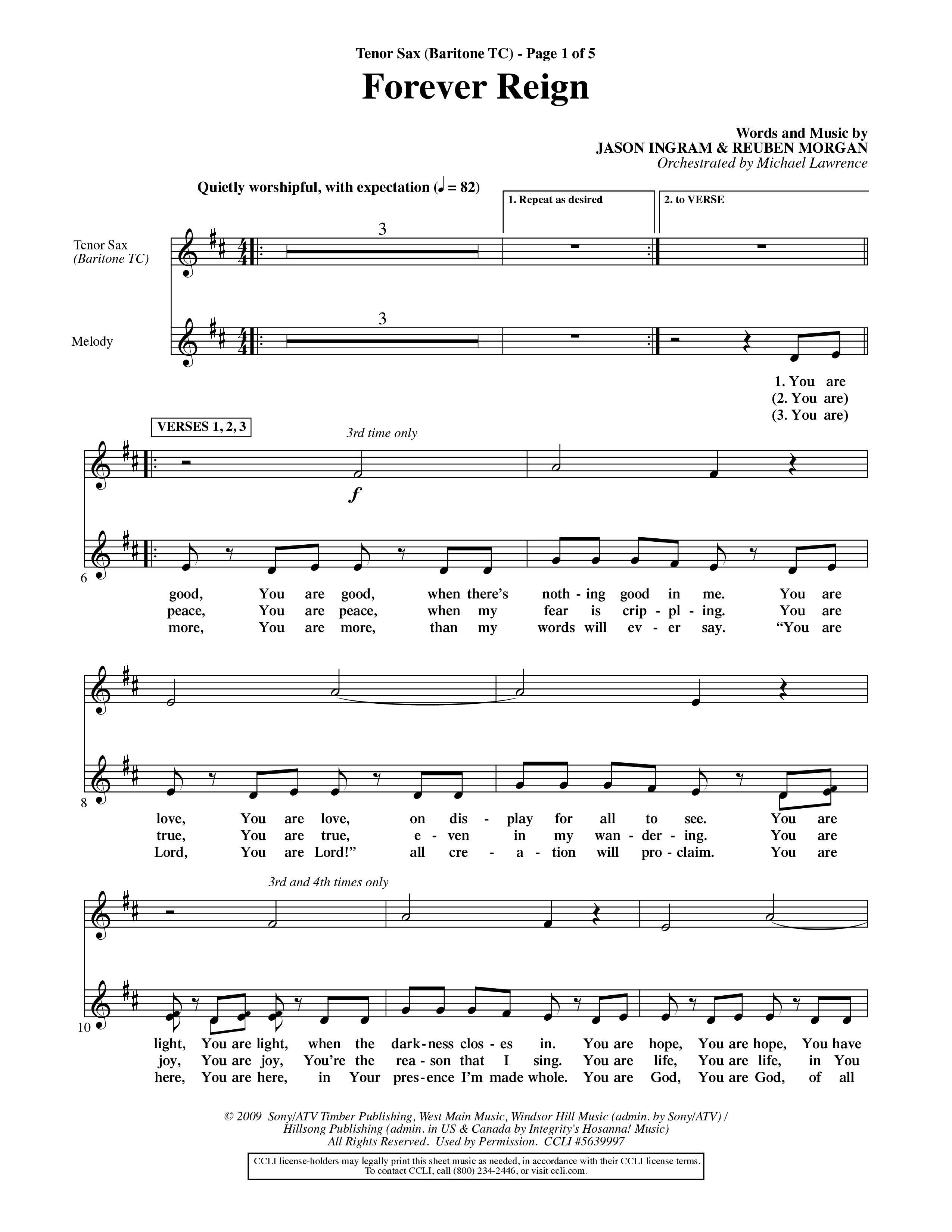 Forever Reign (Choral Anthem SATB) Tenor Sax/Baritone T.C. (Word Music Choral / Orch. Michael Lawrence)
