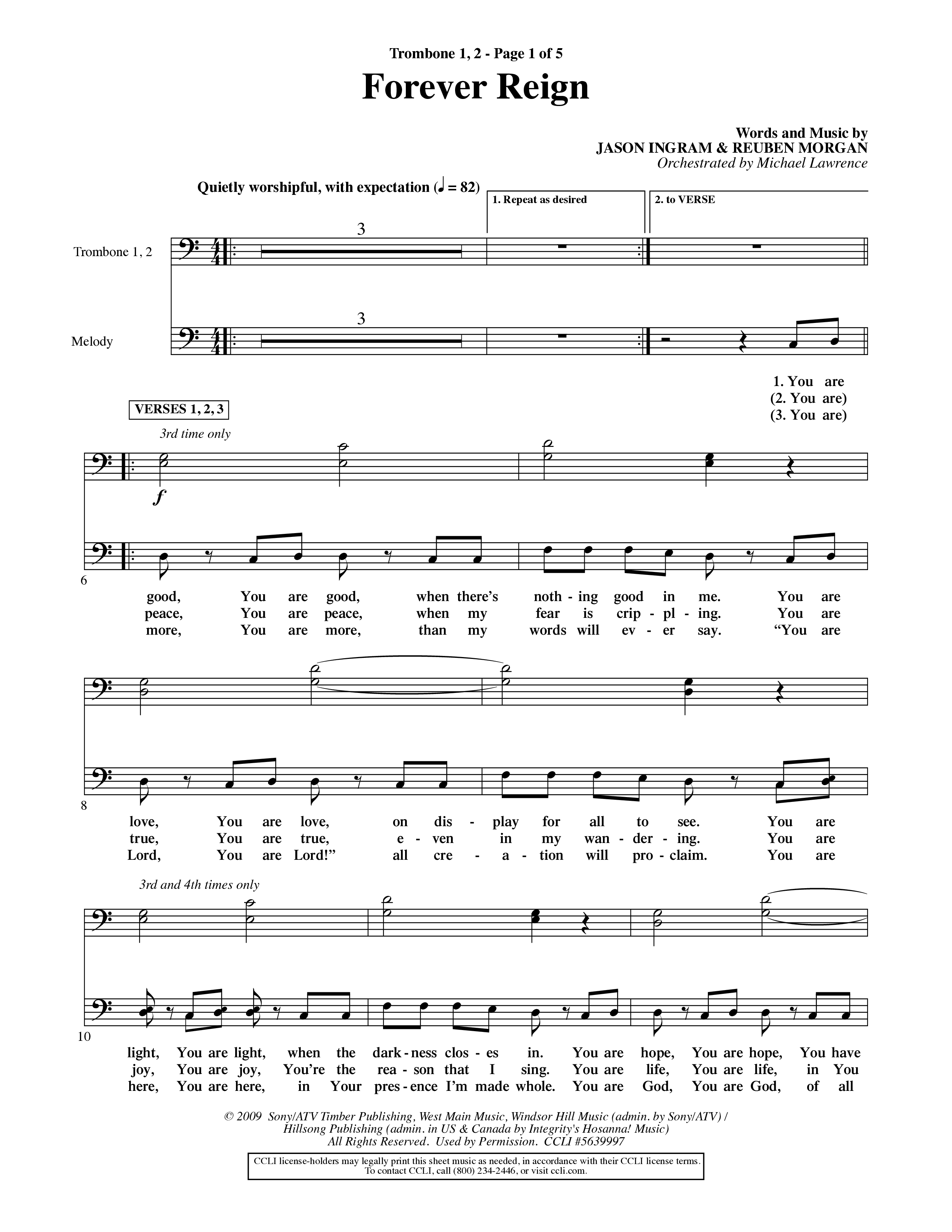 Forever Reign (Choral Anthem SATB) Trombone 1/2 (Word Music Choral / Orch. Michael Lawrence)