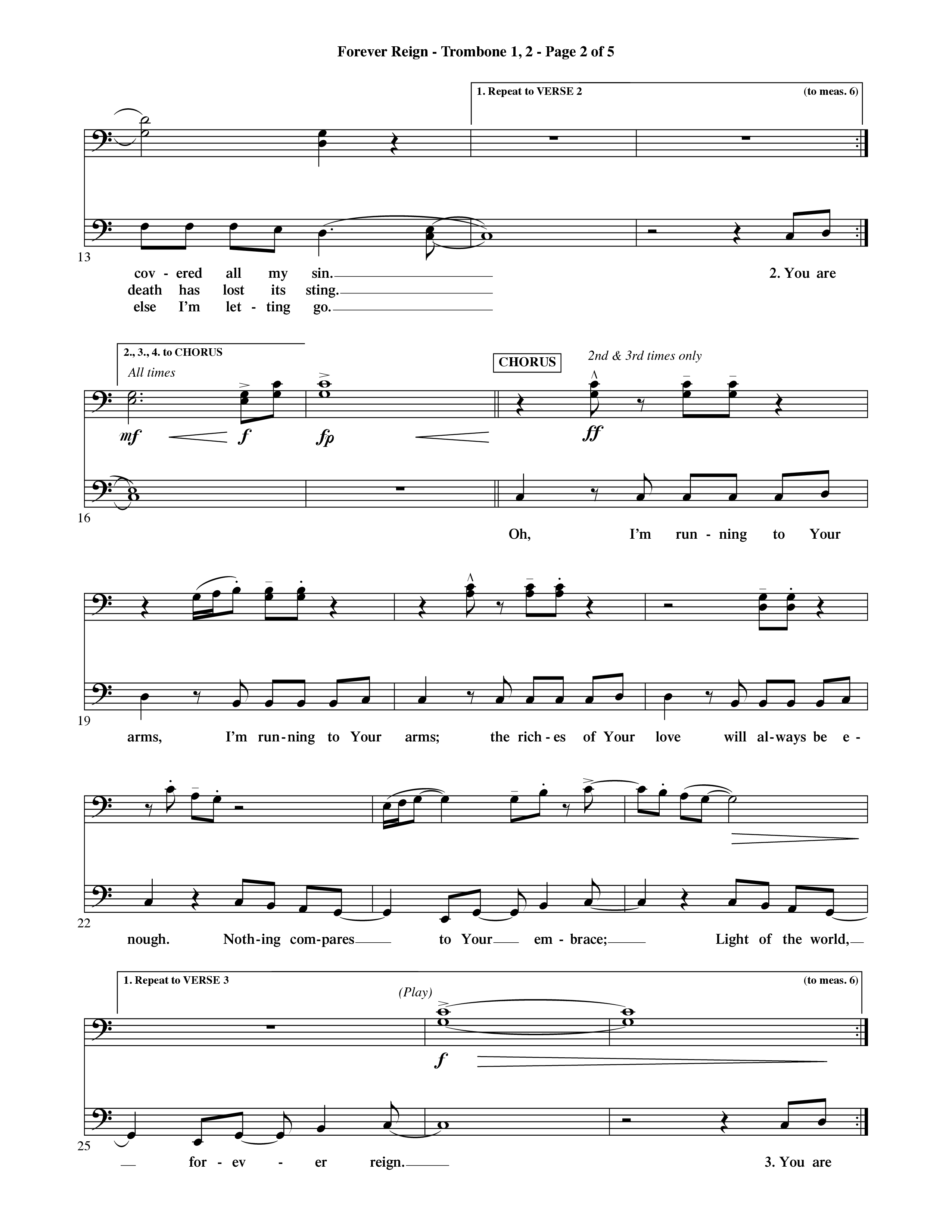 Forever Reign (Choral Anthem SATB) Trombone 1/2 (Word Music Choral / Orch. Michael Lawrence)