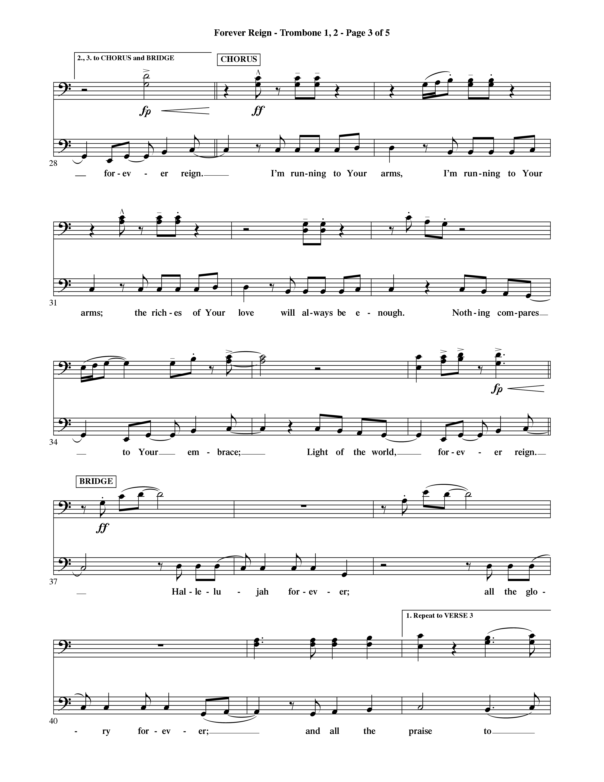 Forever Reign (Choral Anthem SATB) Trombone 1/2 (Word Music Choral / Orch. Michael Lawrence)