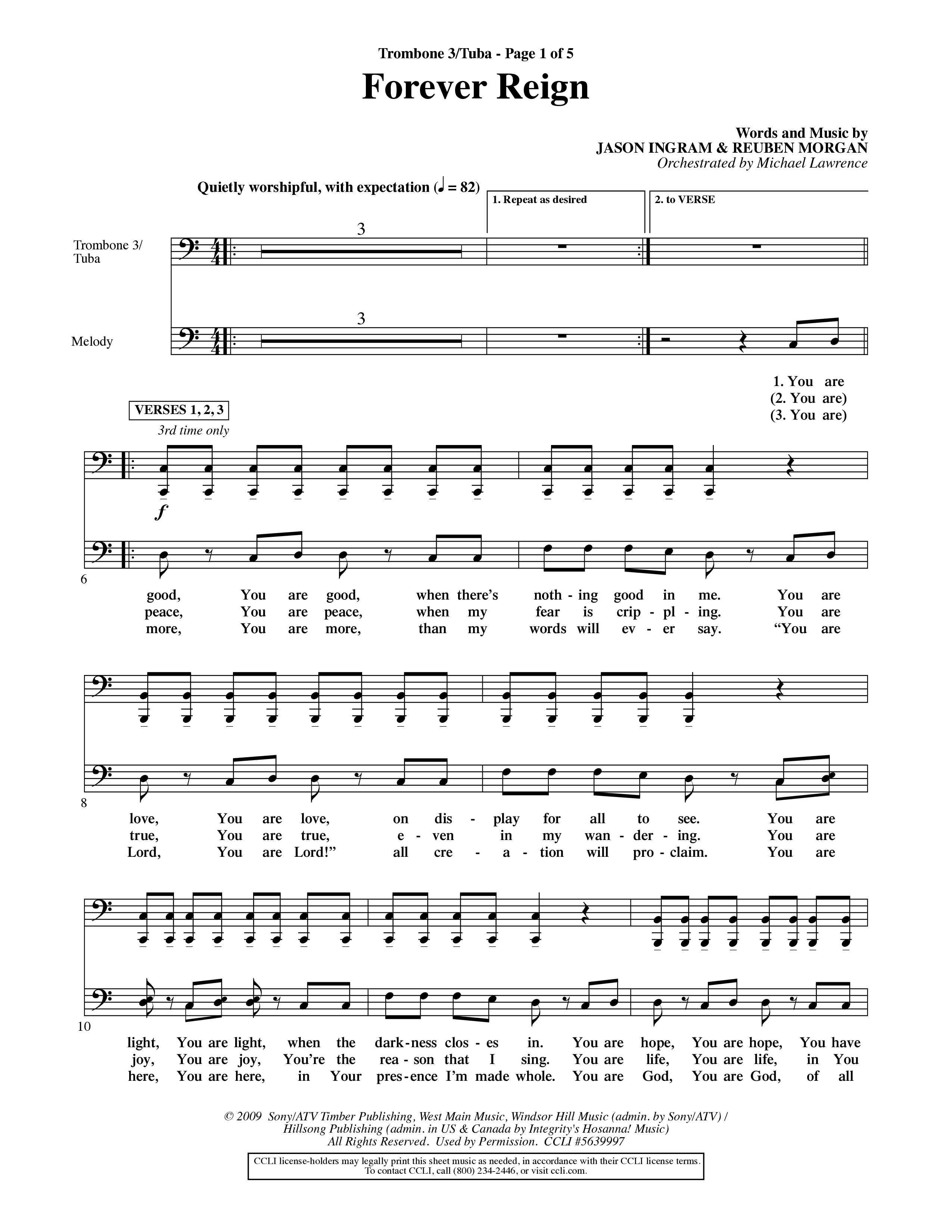 Forever Reign (Choral Anthem SATB) Trombone 3/Tuba (Word Music Choral / Orch. Michael Lawrence)