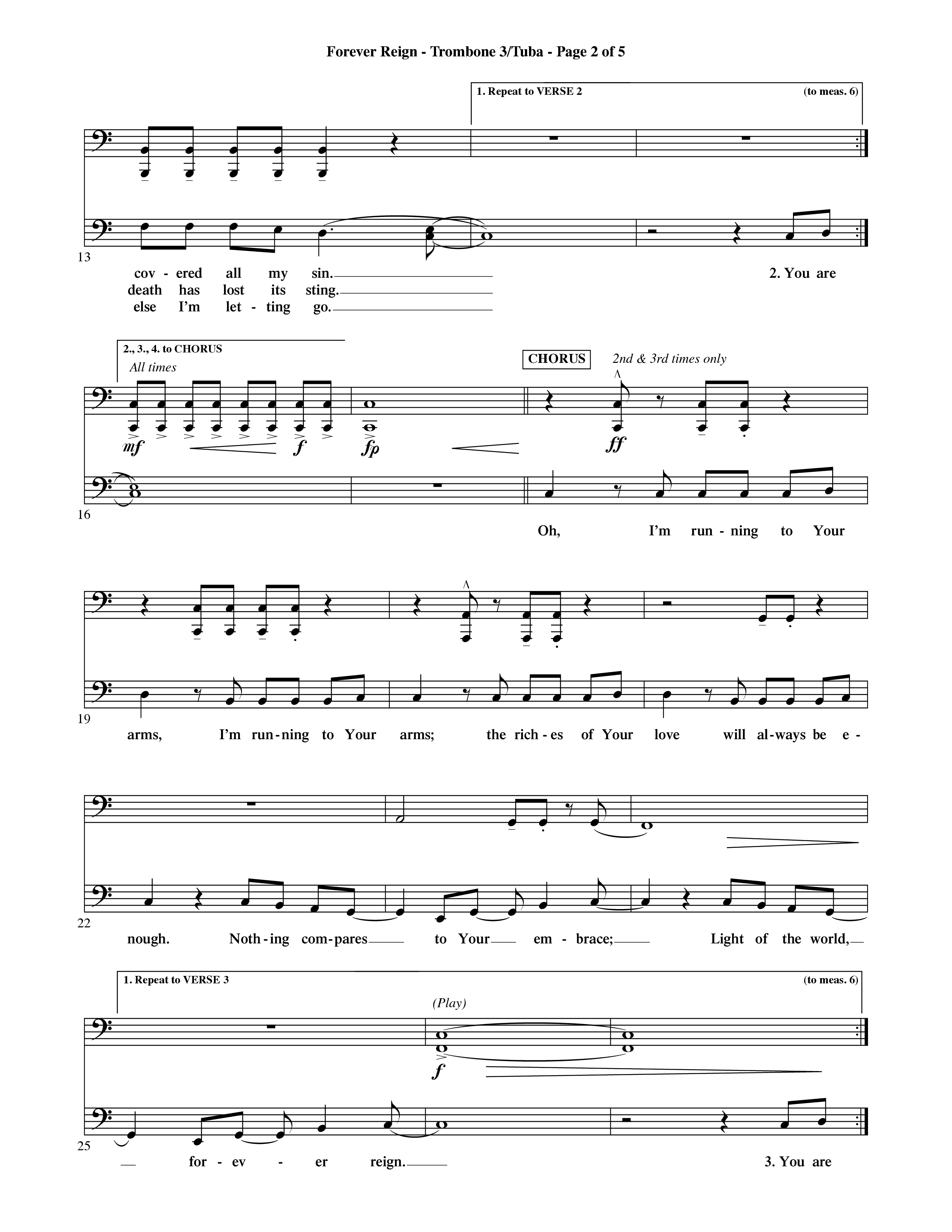 Forever Reign (Choral Anthem SATB) Trombone 3/Tuba (Word Music Choral / Orch. Michael Lawrence)