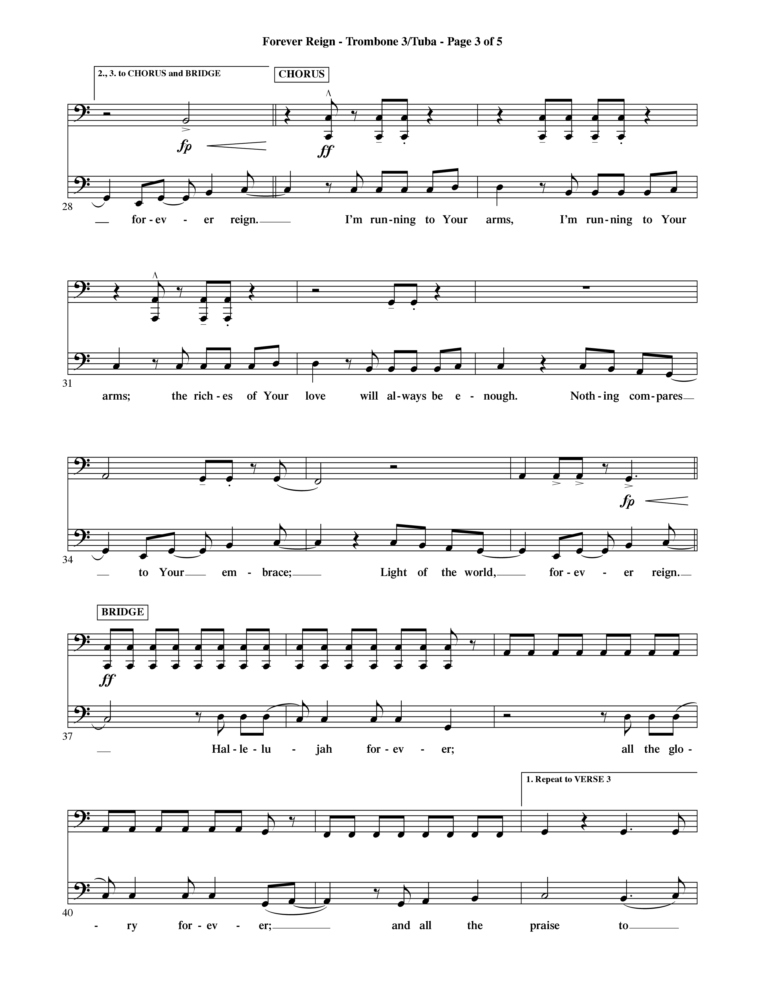 Forever Reign (Choral Anthem SATB) Trombone 3/Tuba (Word Music Choral / Orch. Michael Lawrence)