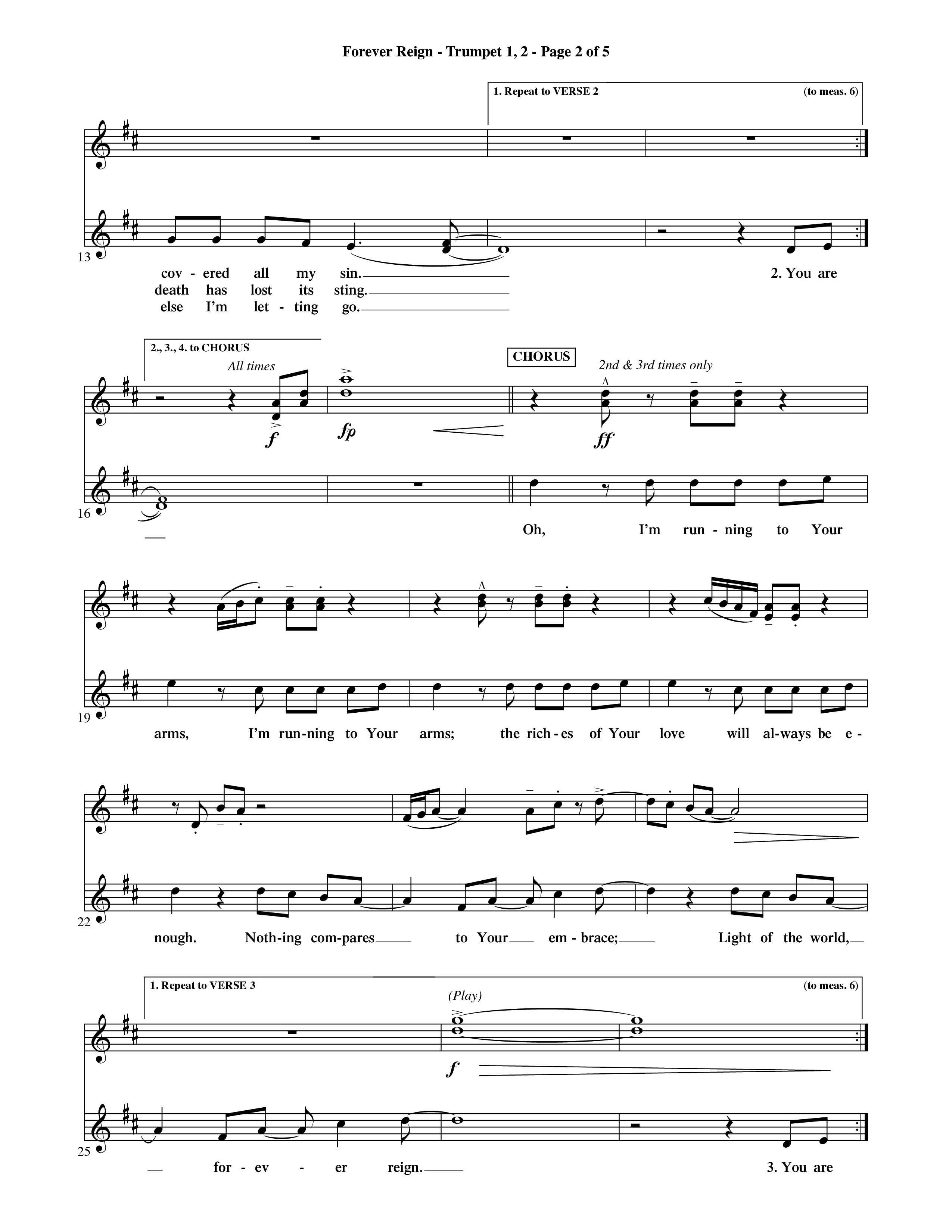 Forever Reign (Choral Anthem SATB) Trumpet 1,2 (Word Music Choral / Orch. Michael Lawrence)