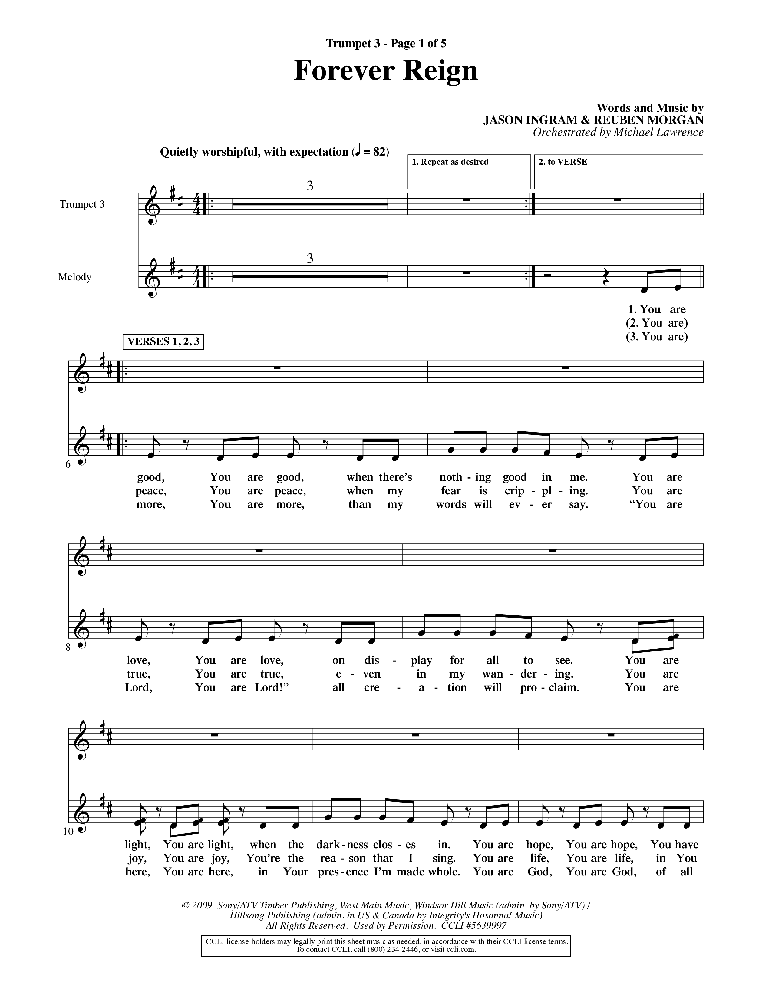 Forever Reign (Choral Anthem SATB) Trumpet 3 (Word Music Choral / Orch. Michael Lawrence)