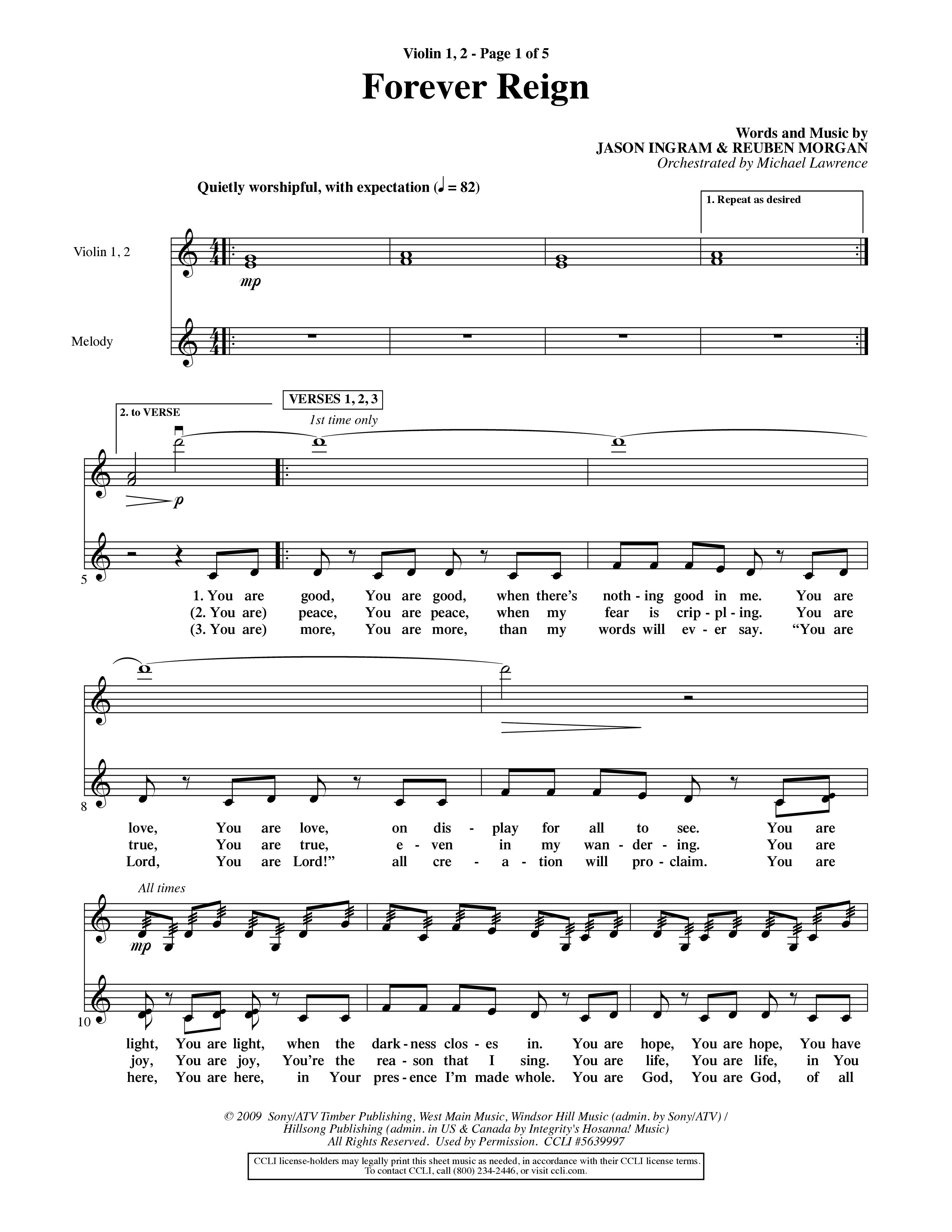 Forever Reign (Choral Anthem SATB) Violin 1/2 (Word Music Choral / Orch. Michael Lawrence)