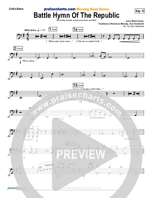 Battle Hymn Of The Republic Cello/Bass (PraiseCharts Band / Arr. Daniel Galbraith)