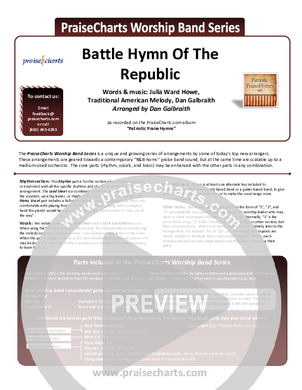 Battle Hymn Of The Republic Cover Sheet (PraiseCharts Band / Arr. Daniel Galbraith)