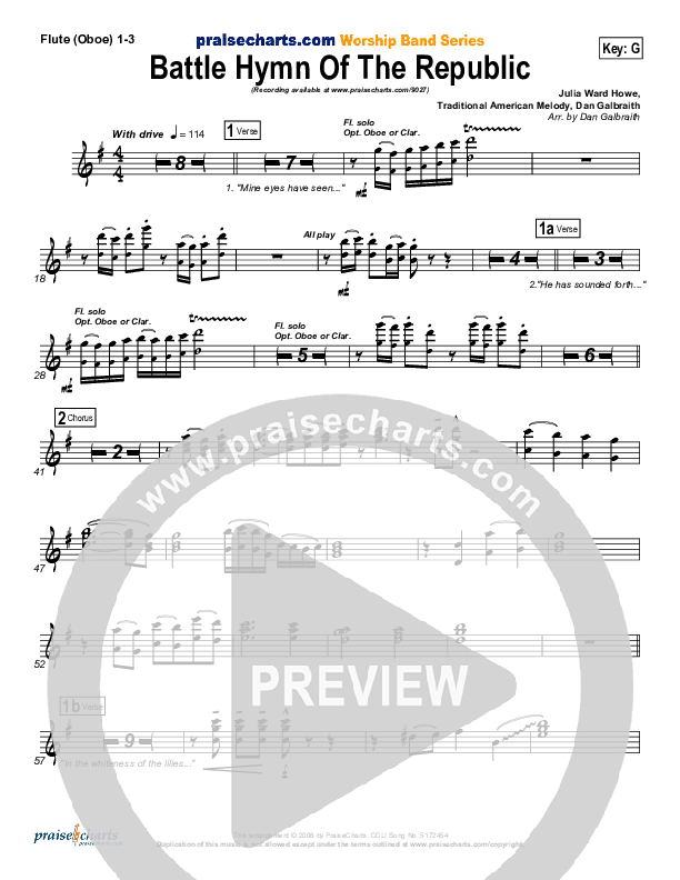 Battle Hymn Of The Republic Flute/Oboe 1/2/3 (PraiseCharts Band / Arr. Daniel Galbraith)