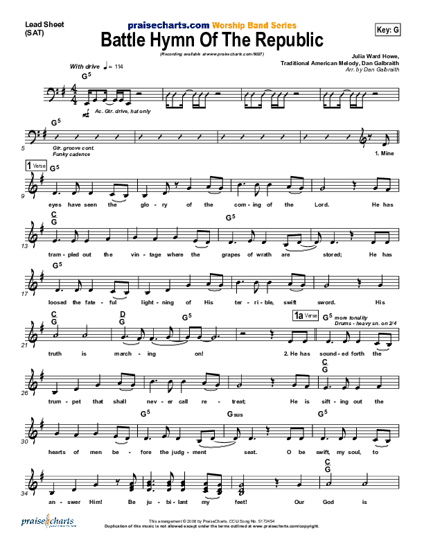 Battle Hymn Of The Republic Lead Sheet (PraiseCharts Band / Arr. Daniel Galbraith)