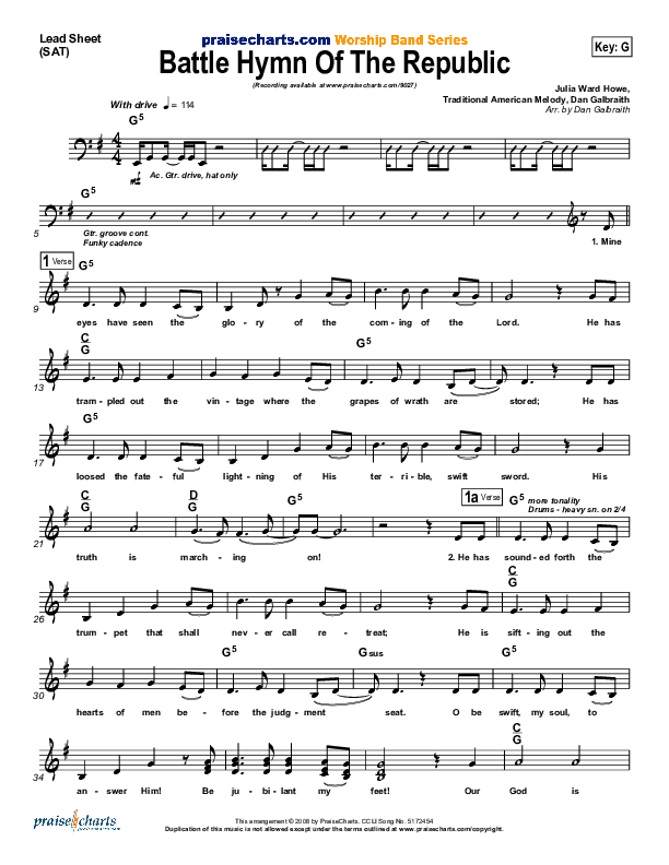 Battle Hymn Of The Republic Lead Sheet (SAT) (PraiseCharts Band / Arr. Daniel Galbraith)