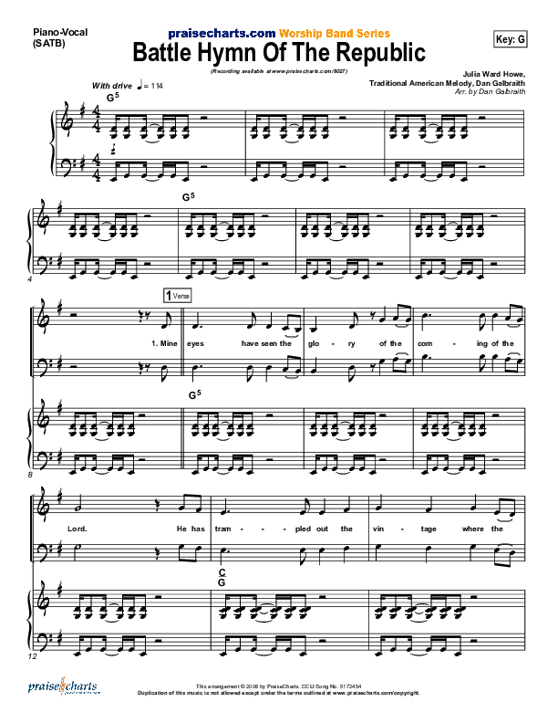 Battle Hymn Of The Republic Piano/Vocal (PraiseCharts Band / Arr. Daniel Galbraith)