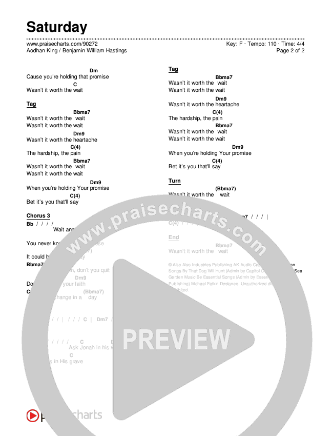 Saturday Chords & Lyrics (Aodhan King / Benjamin William Hastings)