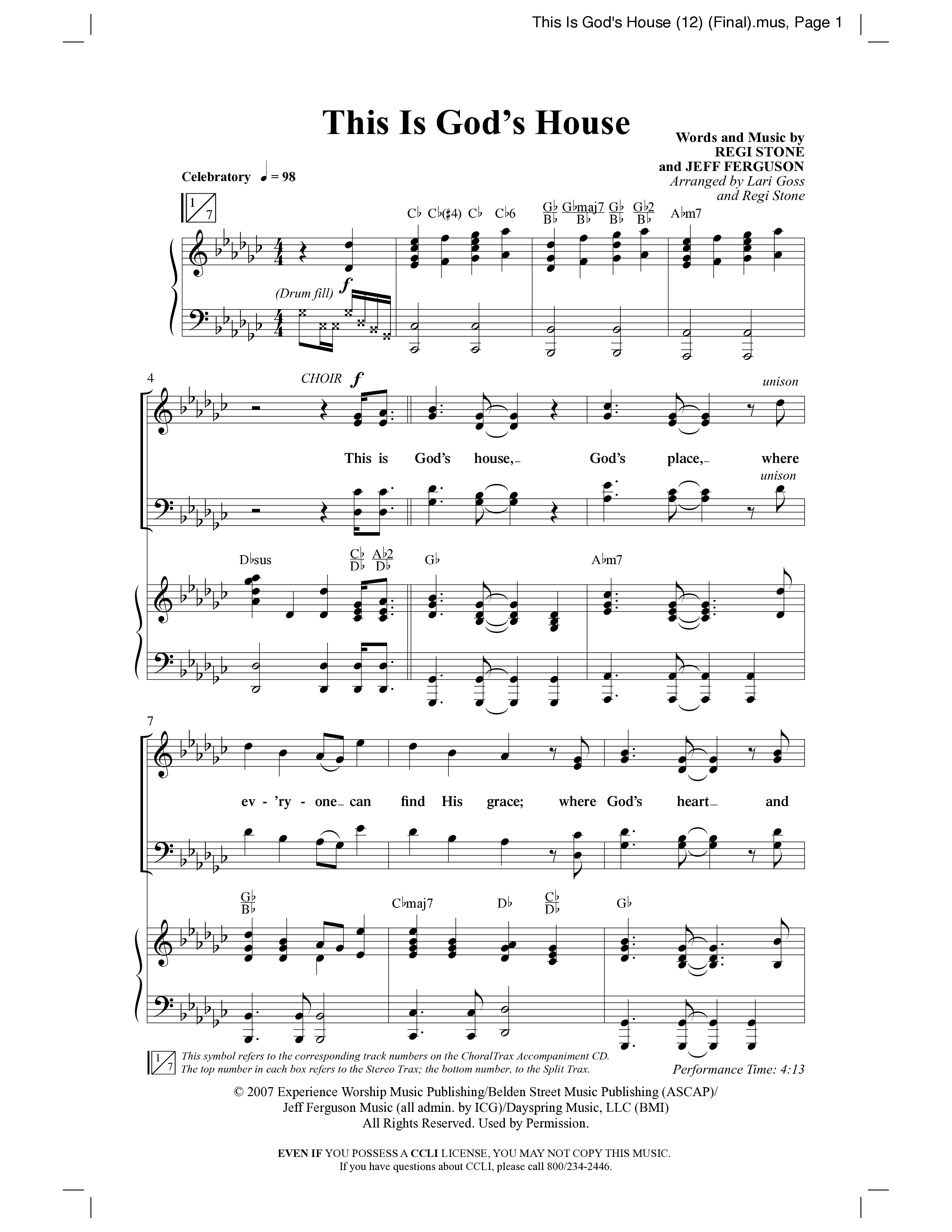 This Is God’s House (Choral Anthem SATB) Anthem (SATB/Piano) (Word Music Choral / Arr. Lari Goss / Regi Stone)
