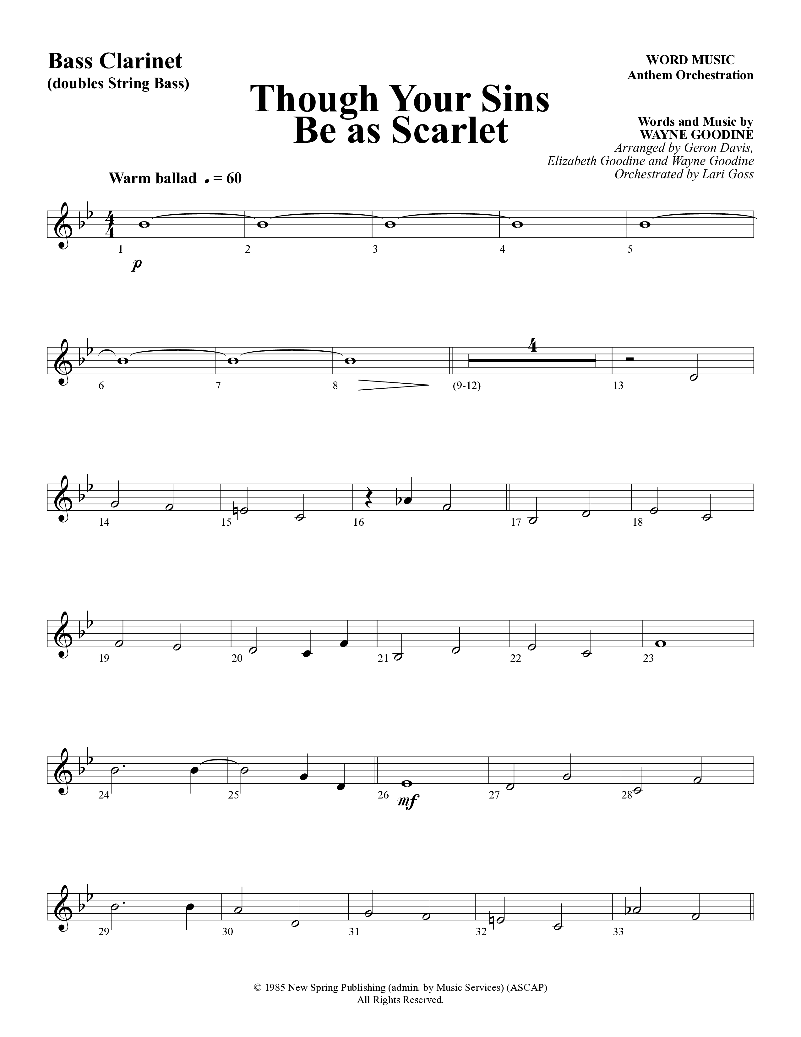 Though Your Sins Be as Scarlet (Choral Anthem SATB) Bass Clarinet (Word Music Choral / Geron Davis / Elizabeth Goodine / Wayne Goodine)