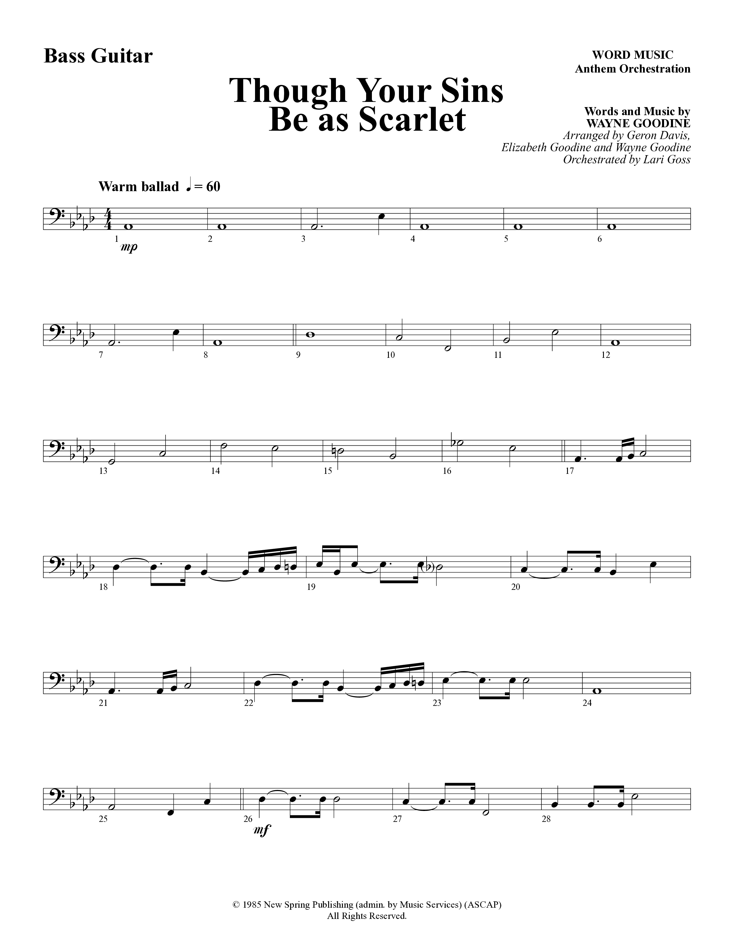 Though Your Sins Be as Scarlet (Choral Anthem SATB) Bass Guitar (Word Music Choral / Geron Davis / Elizabeth Goodine / Wayne Goodine)