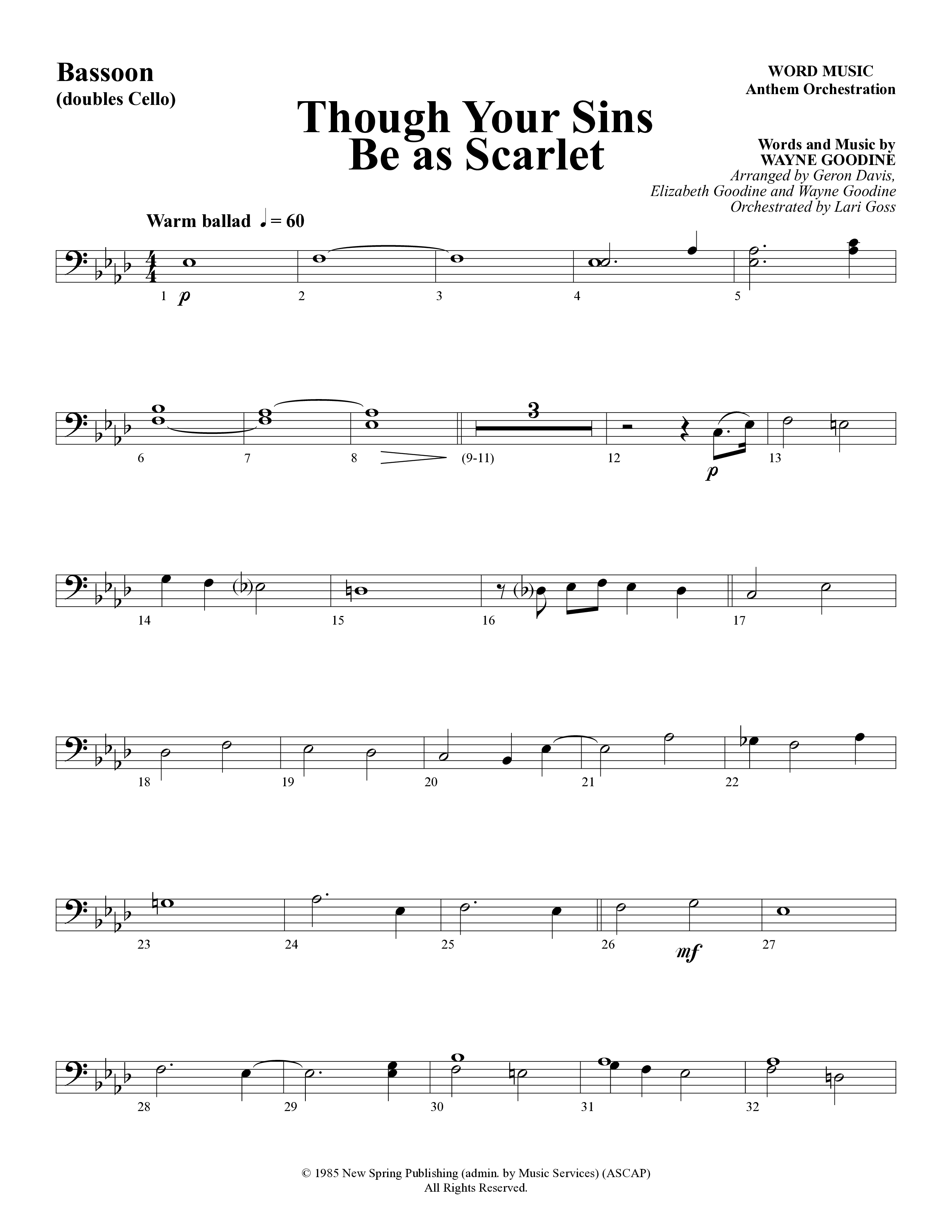 Though Your Sins Be as Scarlet (Choral Anthem SATB) Bassoon (Word Music Choral / Geron Davis / Elizabeth Goodine / Wayne Goodine)