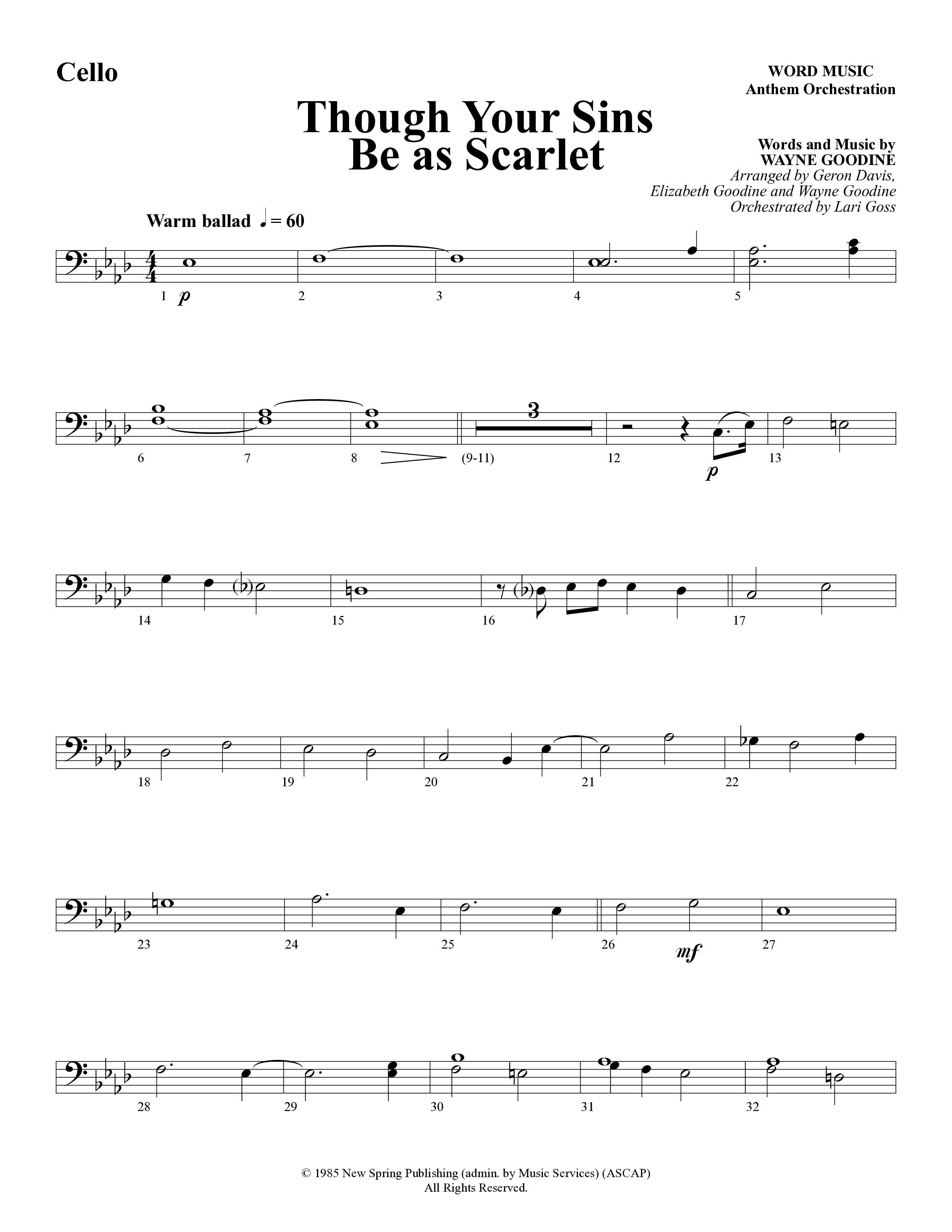 Though Your Sins Be as Scarlet (Choral Anthem SATB) Cello (Word Music Choral / Geron Davis / Elizabeth Goodine / Wayne Goodine)