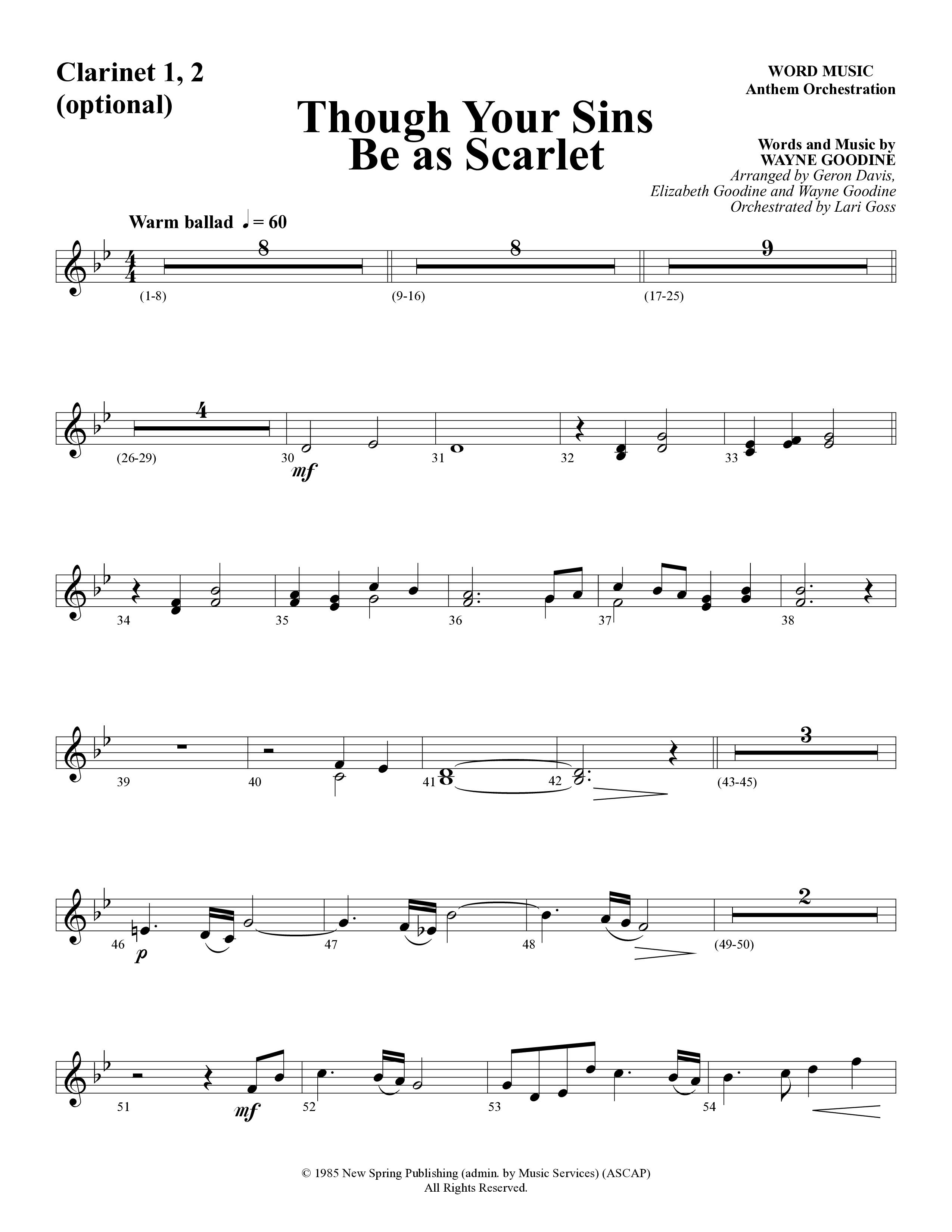 Though Your Sins Be as Scarlet (Choral Anthem SATB) Clarinet (Word Music Choral / Geron Davis / Elizabeth Goodine / Wayne Goodine)