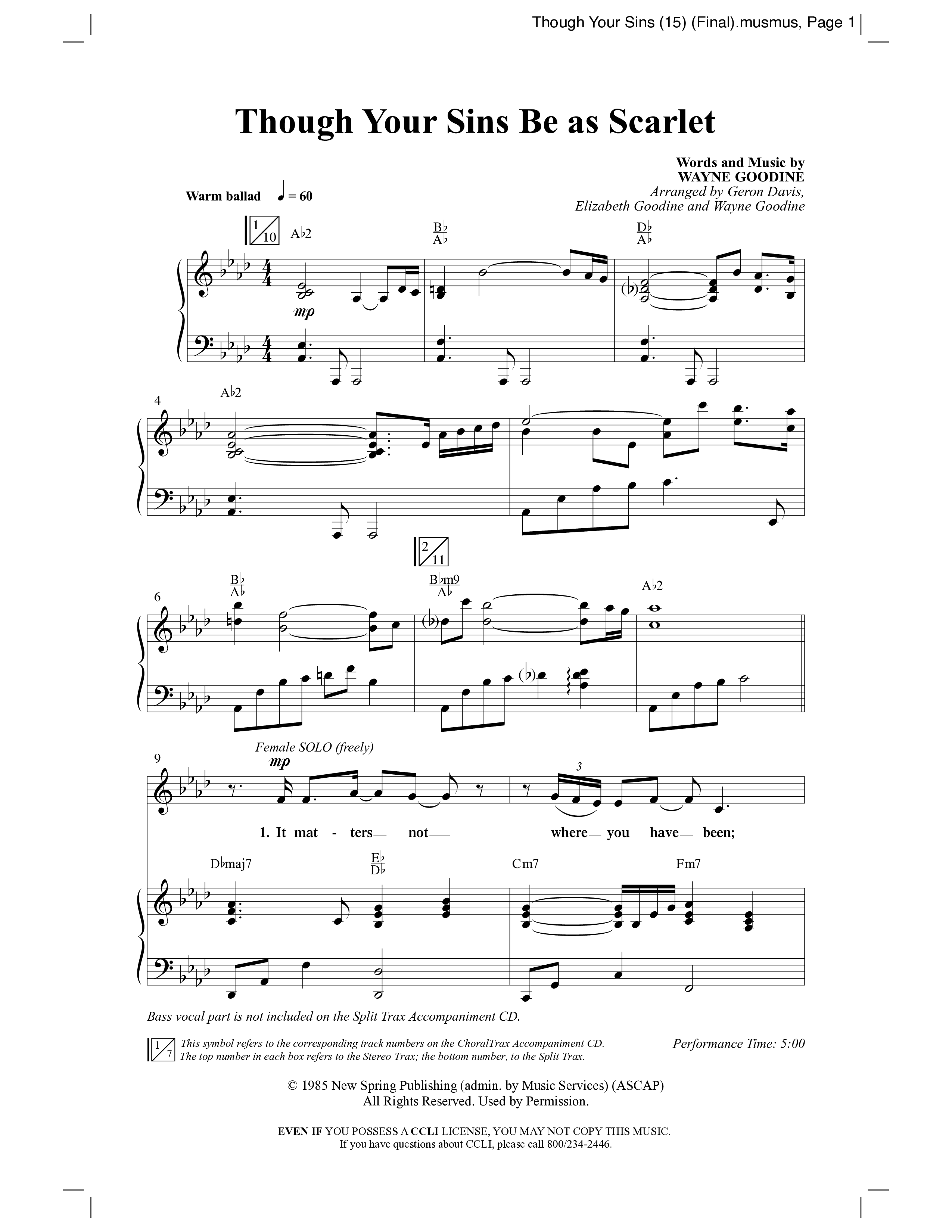 Though Your Sins Be as Scarlet (Choral Anthem SATB) Anthem (SATB/Piano) (Word Music Choral / Geron Davis / Elizabeth Goodine / Wayne Goodine)