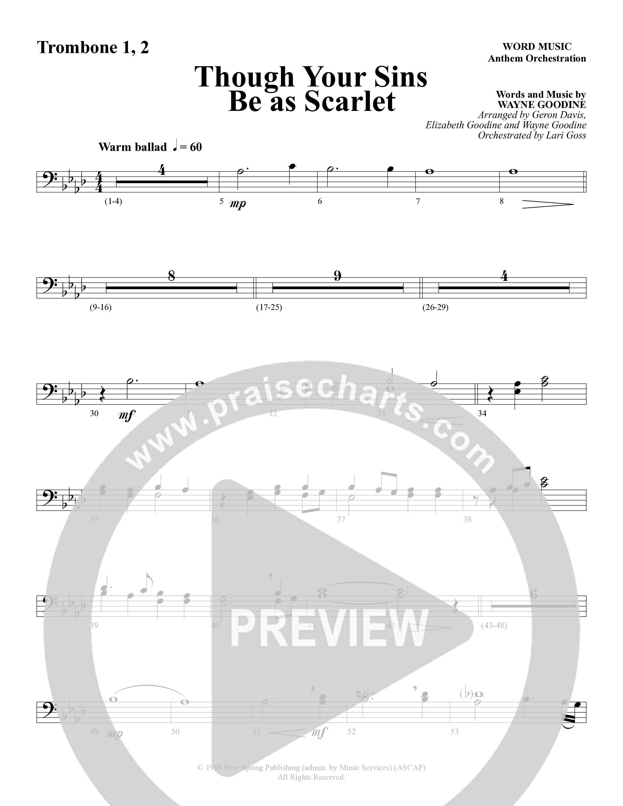 Though Your Sins Be as Scarlet (Choral Anthem SATB) Trombone 1/2 (Word Music Choral / Geron Davis / Elizabeth Goodine / Wayne Goodine)
