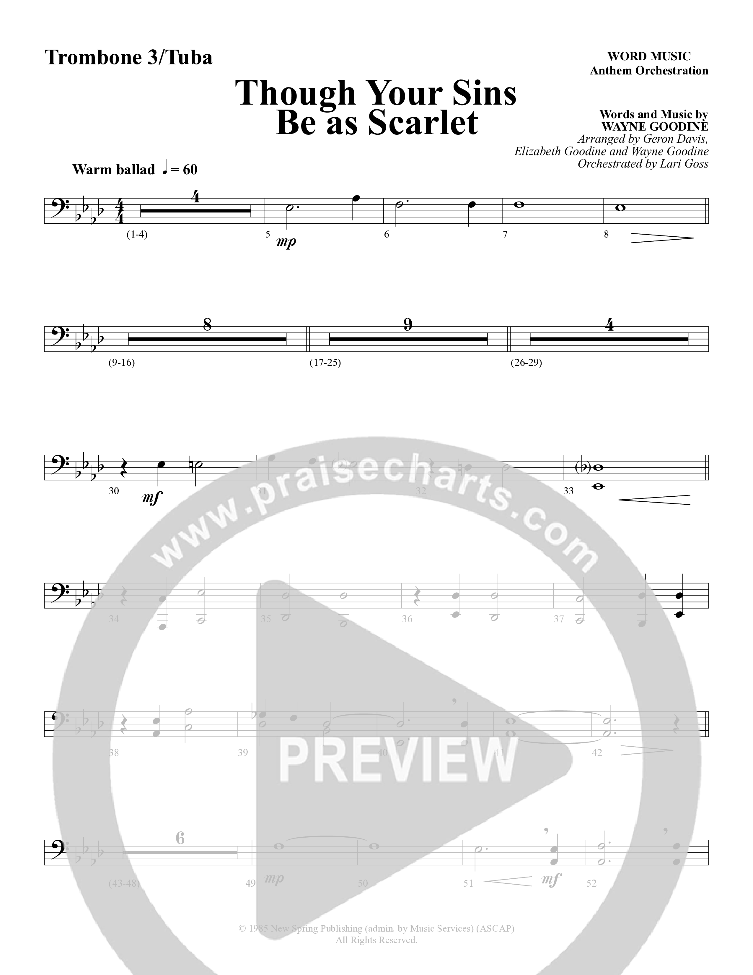 Though Your Sins Be as Scarlet (Choral Anthem SATB) Trombone 3/Tuba (Word Music Choral / Geron Davis / Elizabeth Goodine / Wayne Goodine)