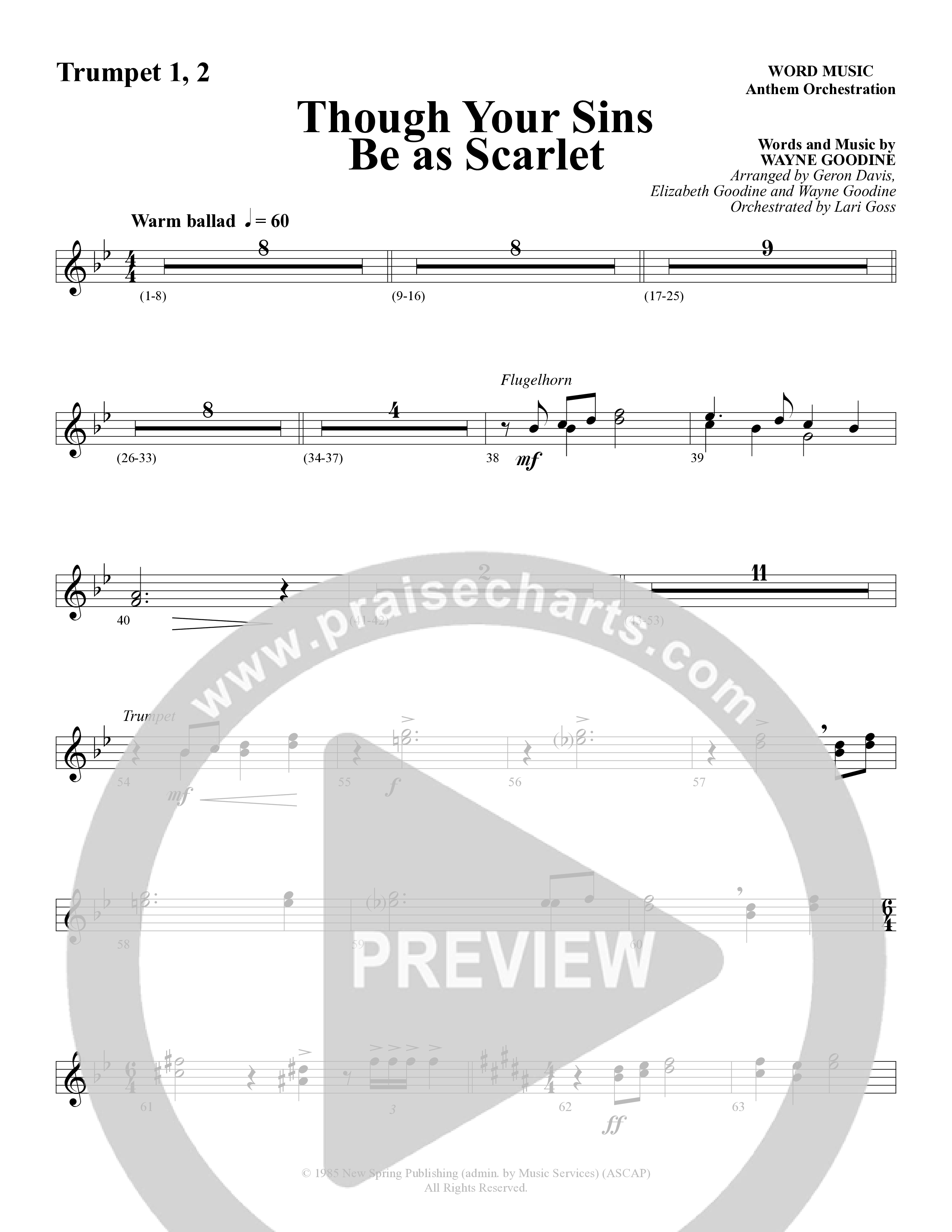 Though Your Sins Be as Scarlet (Choral Anthem SATB) Trumpet 1,2 (Word Music Choral / Geron Davis / Elizabeth Goodine / Wayne Goodine)