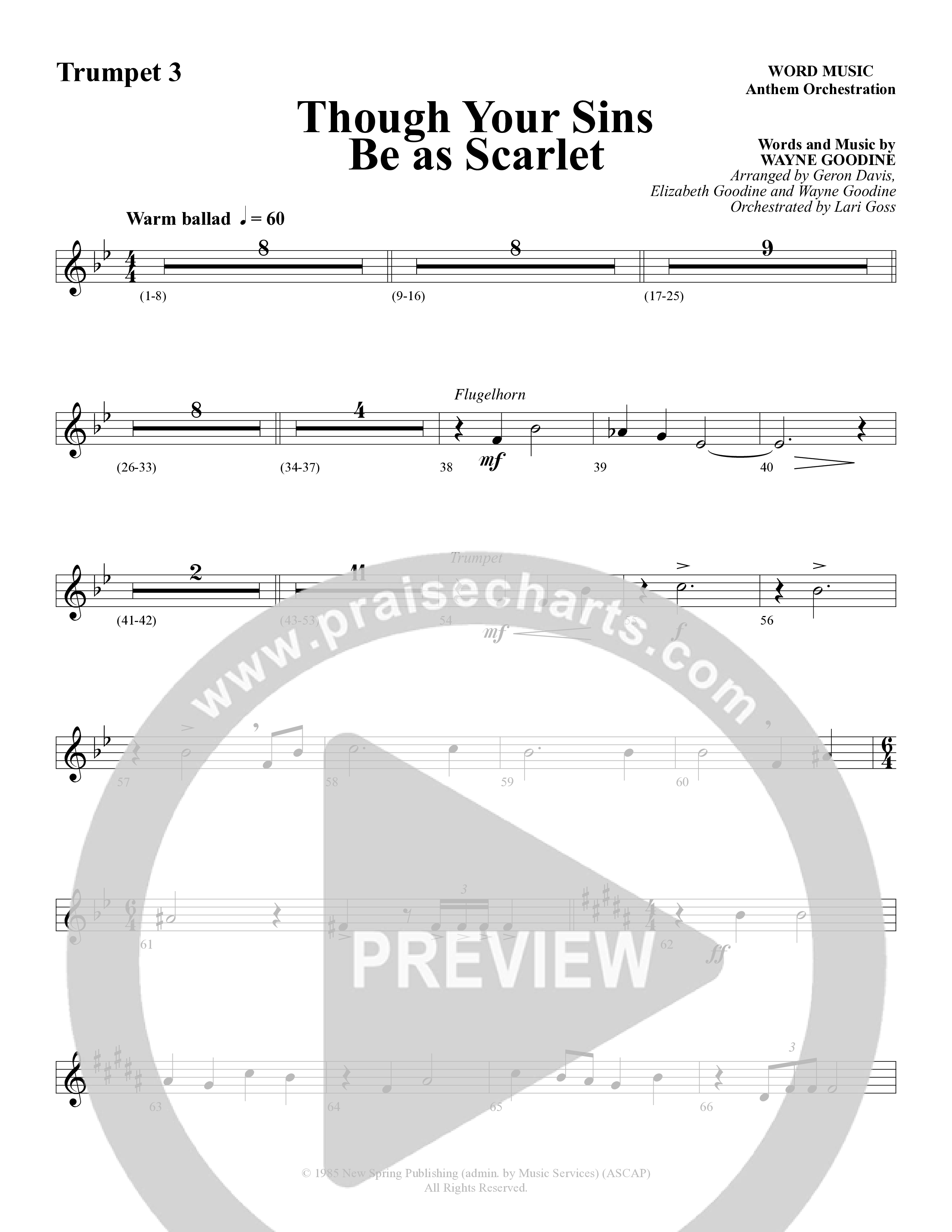 Though Your Sins Be as Scarlet (Choral Anthem SATB) Trumpet 3 (Word Music Choral / Geron Davis / Elizabeth Goodine / Wayne Goodine)