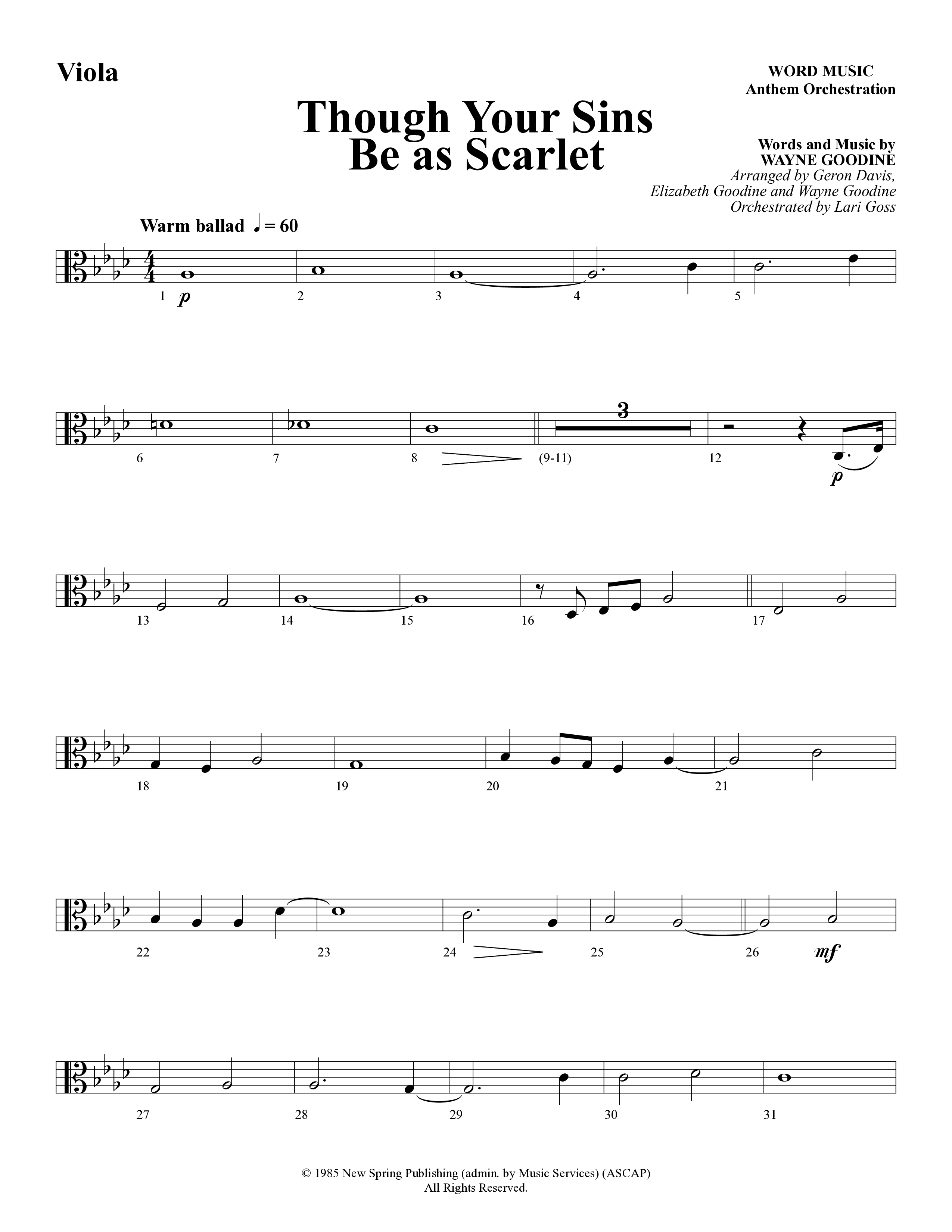 Though Your Sins Be as Scarlet (Choral Anthem SATB) Viola (Word Music Choral / Geron Davis / Elizabeth Goodine / Wayne Goodine)