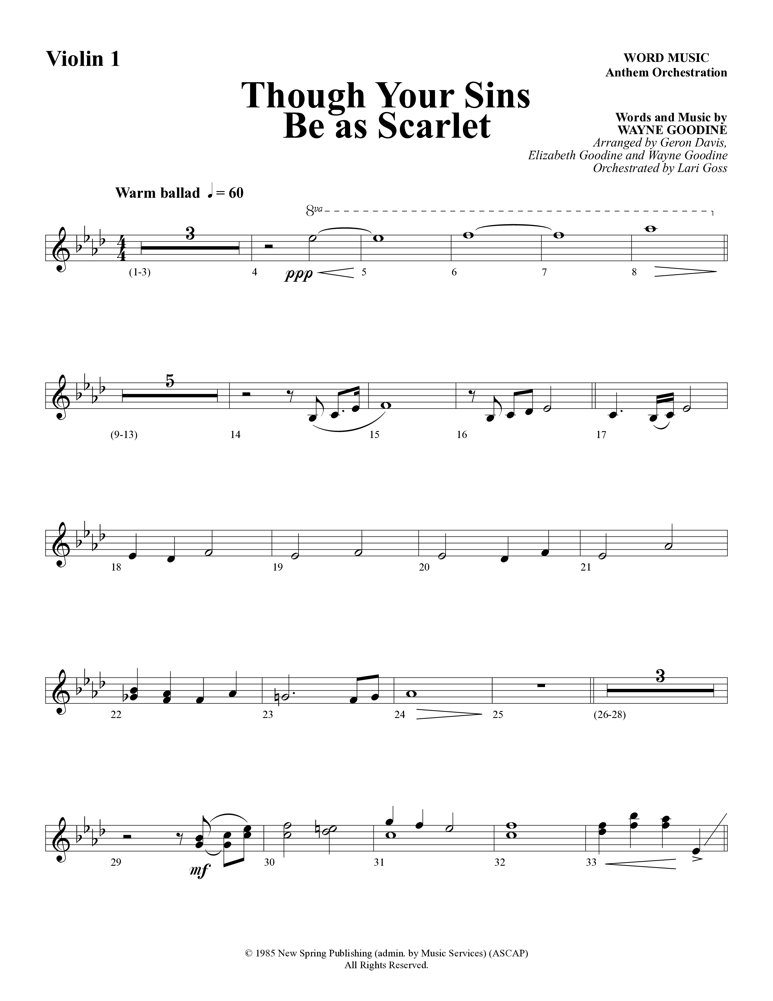 Though Your Sins Be as Scarlet (Choral Anthem SATB) Violin 1/2 (Word Music Choral / Geron Davis / Elizabeth Goodine / Wayne Goodine)