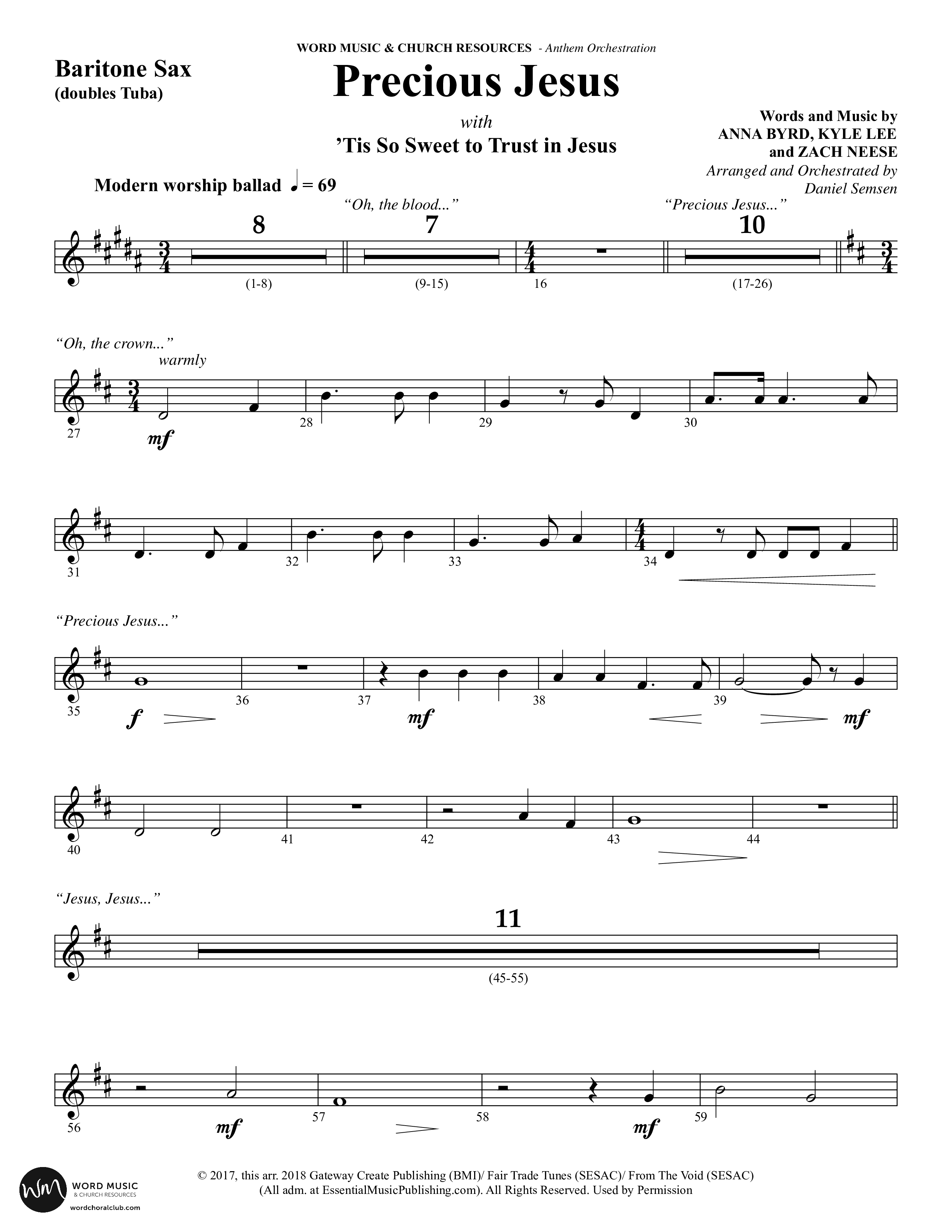 Precious Jesus (with Tis So Sweet To Trust In Jesus) (Choral Anthem SATB) Bari Sax (Word Music Choral / Arr. Daniel Semsen)