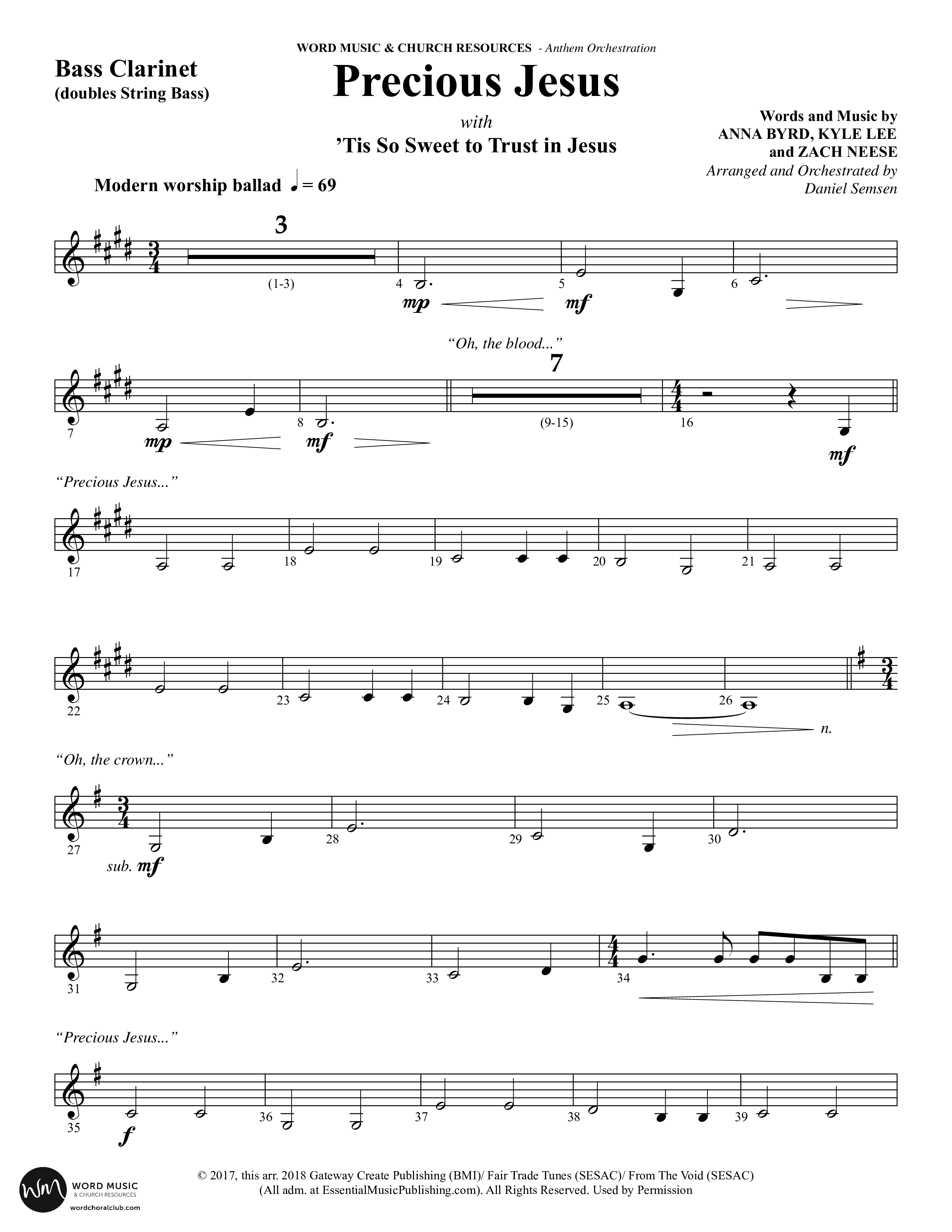 Precious Jesus (with Tis So Sweet To Trust In Jesus) (Choral Anthem SATB) Bass Clarinet (Word Music Choral / Arr. Daniel Semsen)
