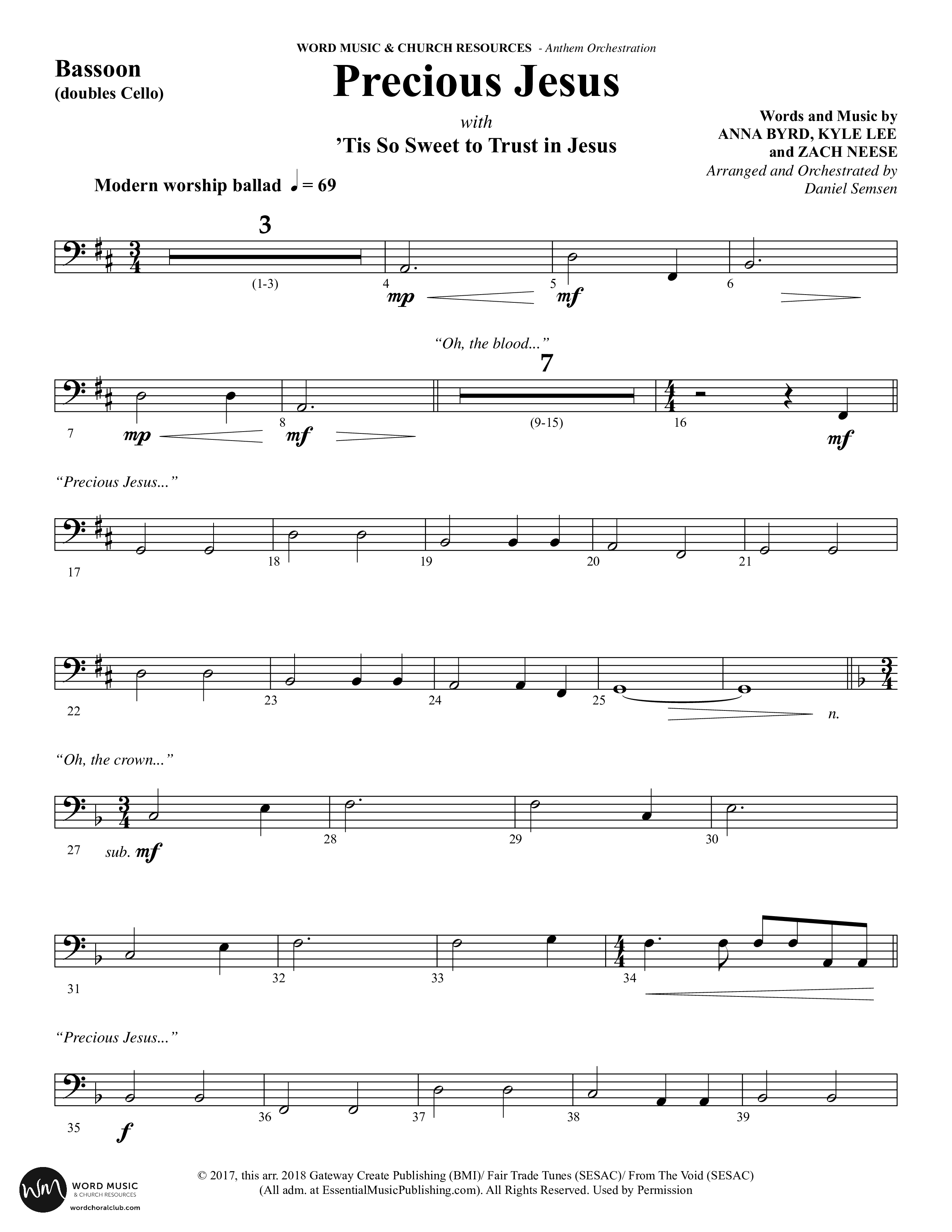 Precious Jesus (with Tis So Sweet To Trust In Jesus) (Choral Anthem SATB) Bassoon (Word Music Choral / Arr. Daniel Semsen)