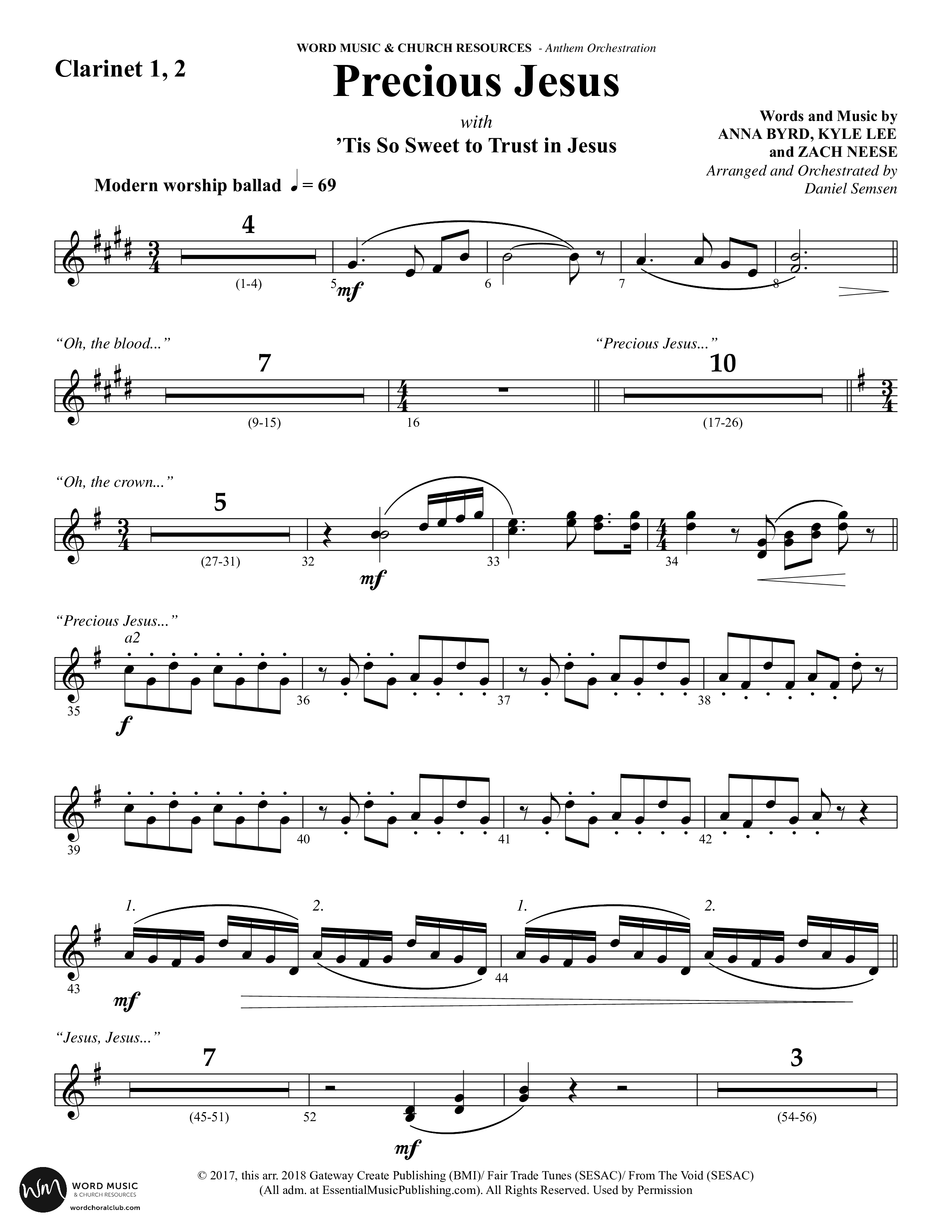 Precious Jesus (with Tis So Sweet To Trust In Jesus) (Choral Anthem SATB) Clarinet 1/2 (Word Music Choral / Arr. Daniel Semsen)