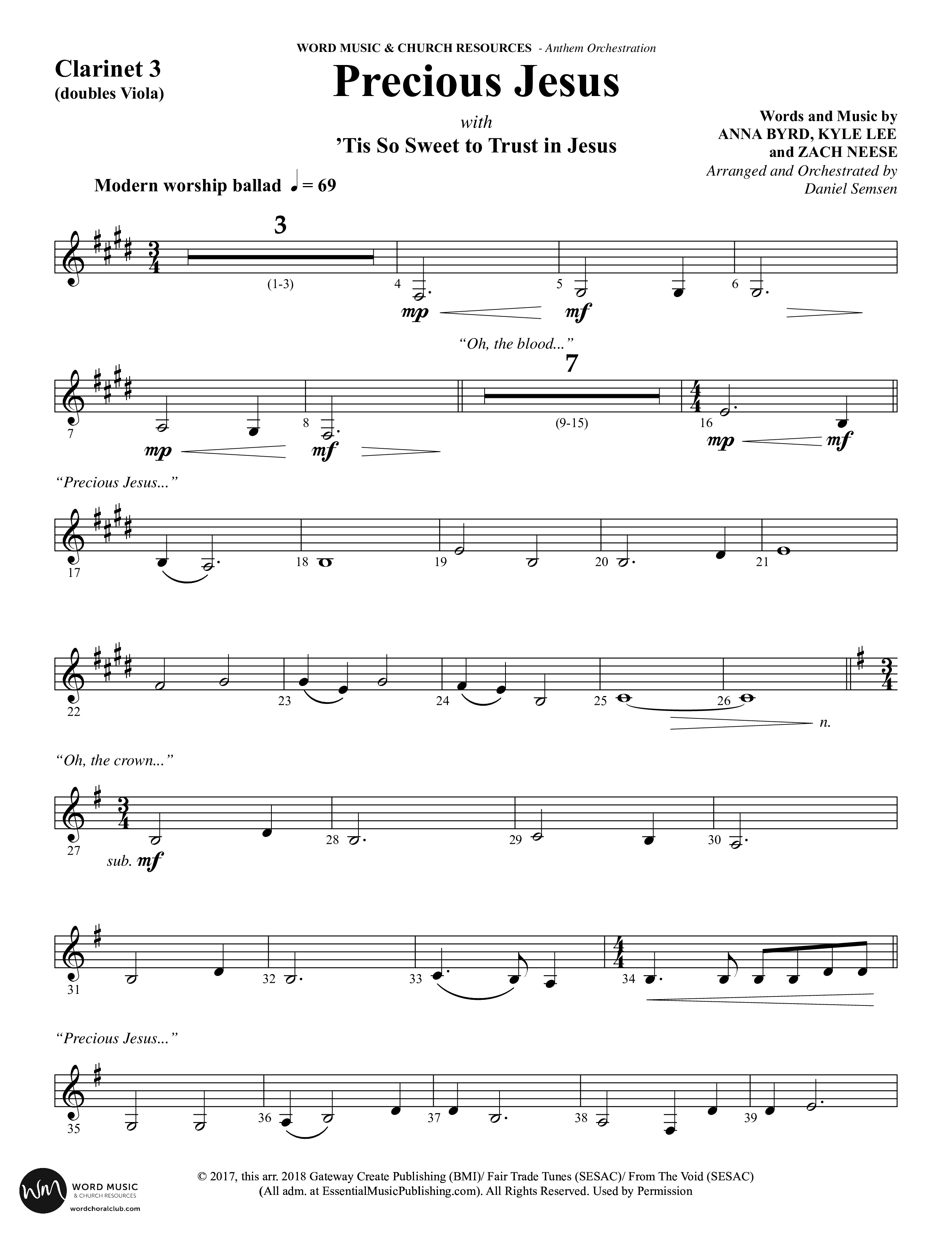 Precious Jesus (with Tis So Sweet To Trust In Jesus) (Choral Anthem SATB) Clarinet 3 (Word Music Choral / Arr. Daniel Semsen)