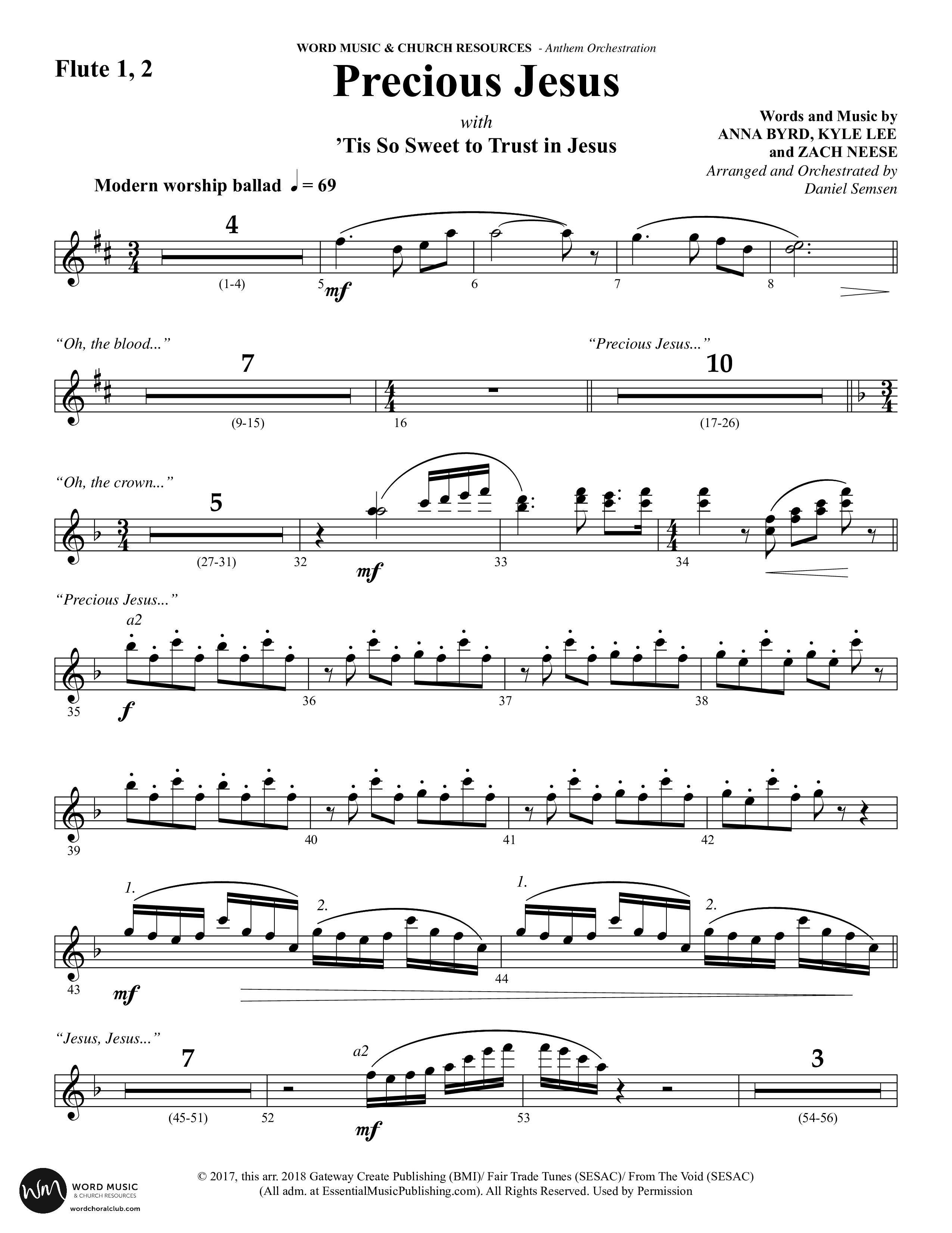 Precious Jesus (with Tis So Sweet To Trust In Jesus) (Choral Anthem SATB) Flute 1/2 (Word Music Choral / Arr. Daniel Semsen)