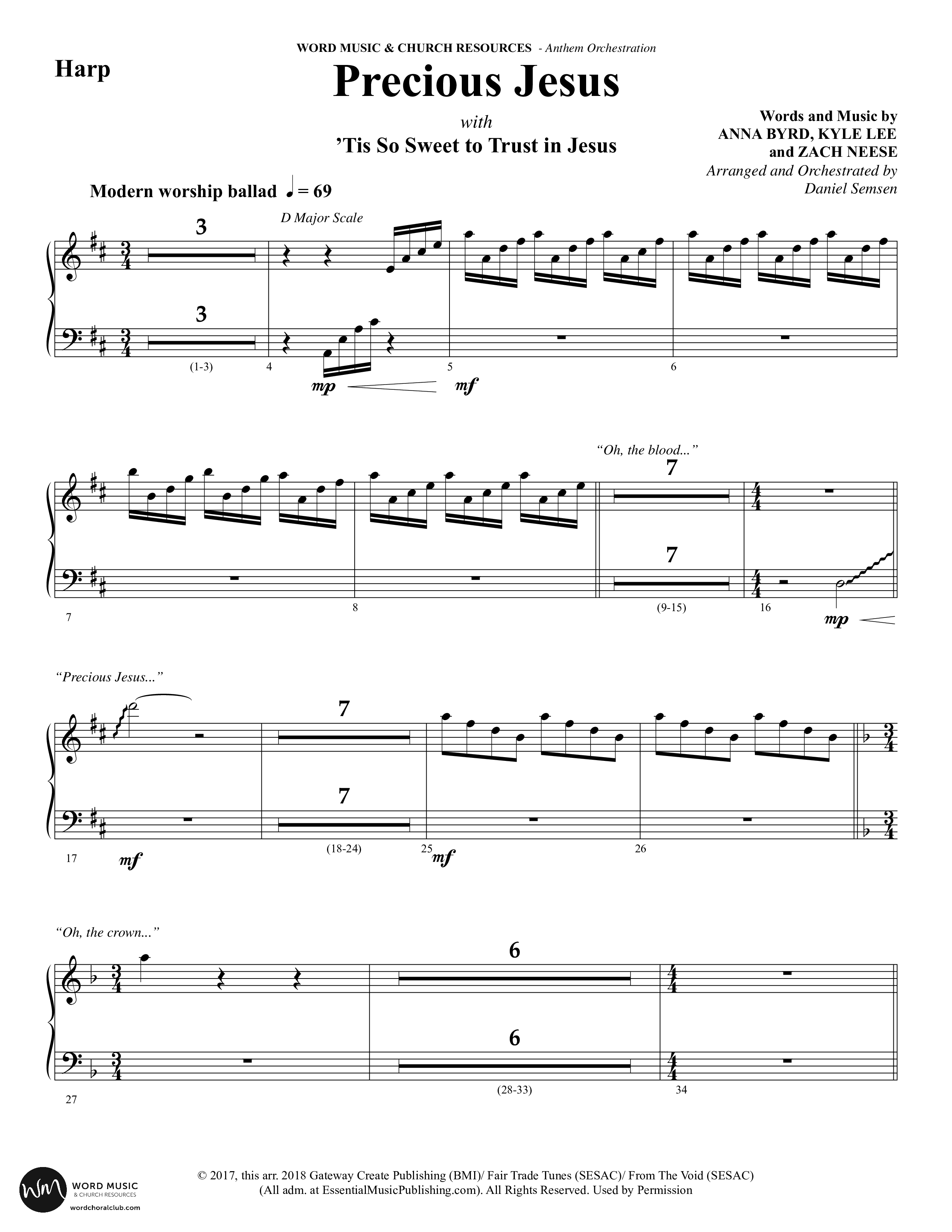 Precious Jesus (with Tis So Sweet To Trust In Jesus) (Choral Anthem SATB) Harp (Word Music Choral / Arr. Daniel Semsen)
