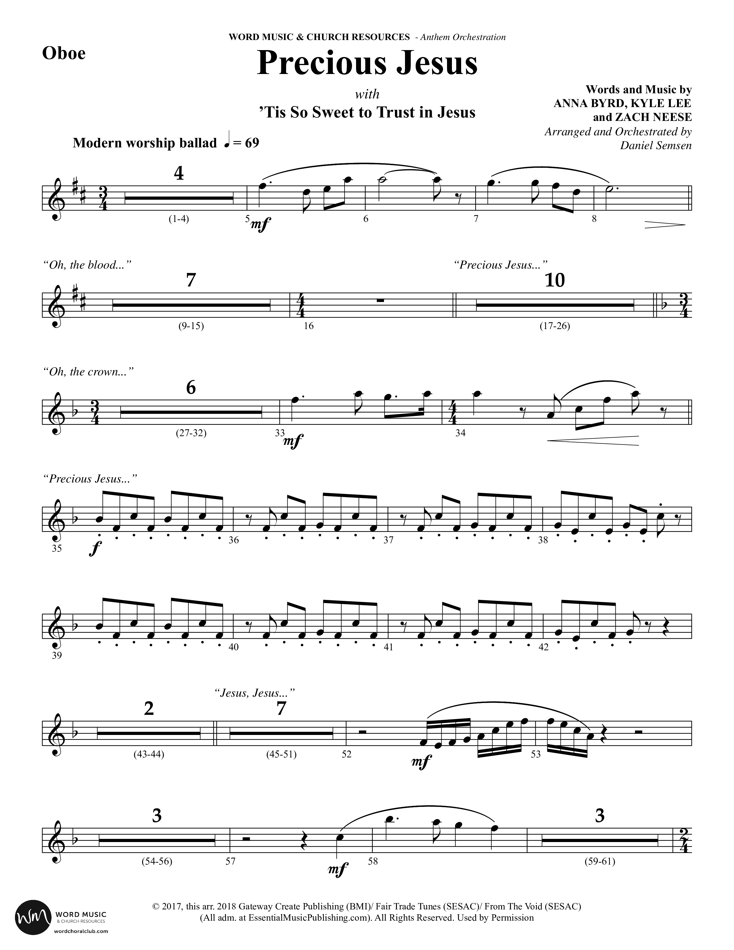 Precious Jesus (with Tis So Sweet To Trust In Jesus) (Choral Anthem SATB) Oboe (Word Music Choral / Arr. Daniel Semsen)