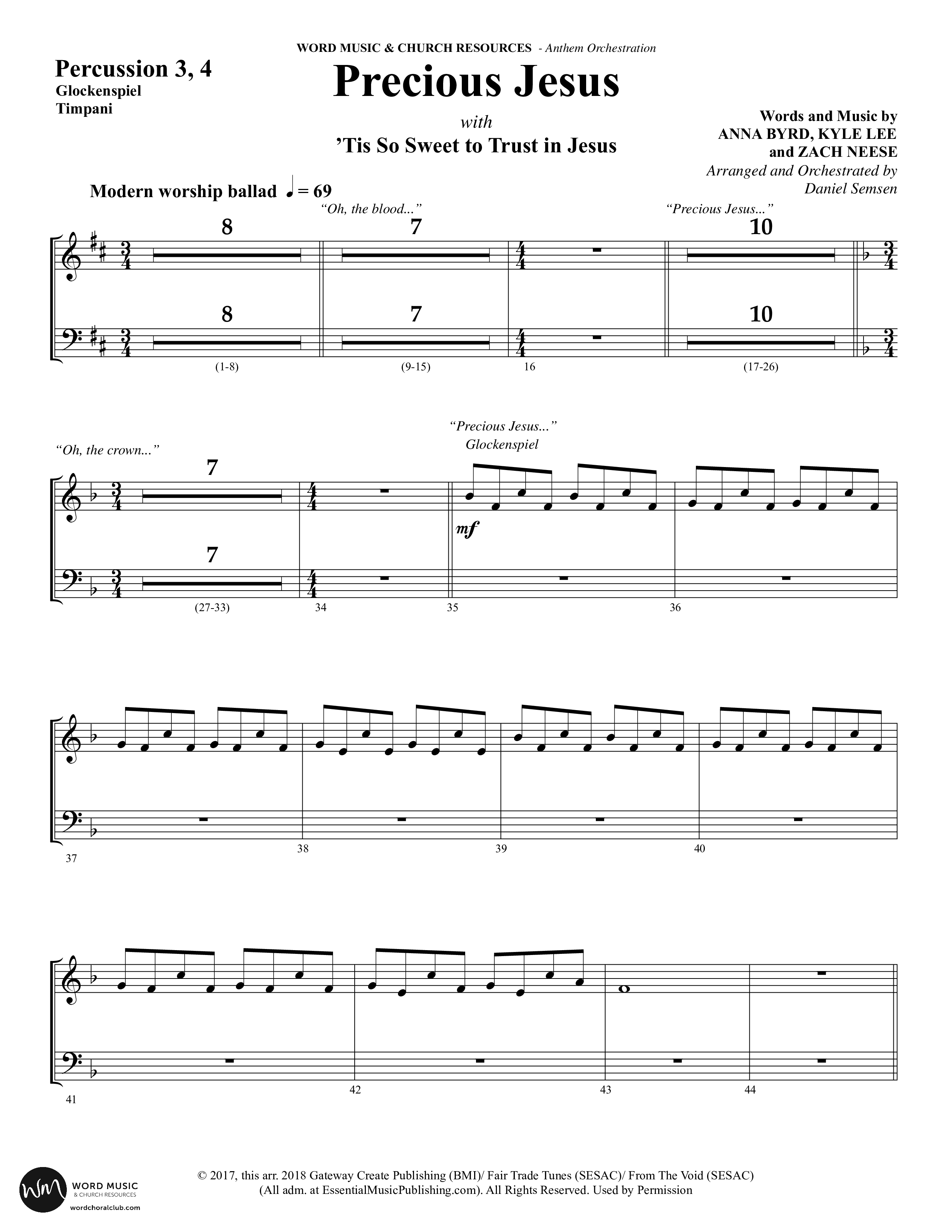 Precious Jesus (with Tis So Sweet To Trust In Jesus) (Choral Anthem SATB) Percussion (Word Music Choral / Arr. Daniel Semsen)