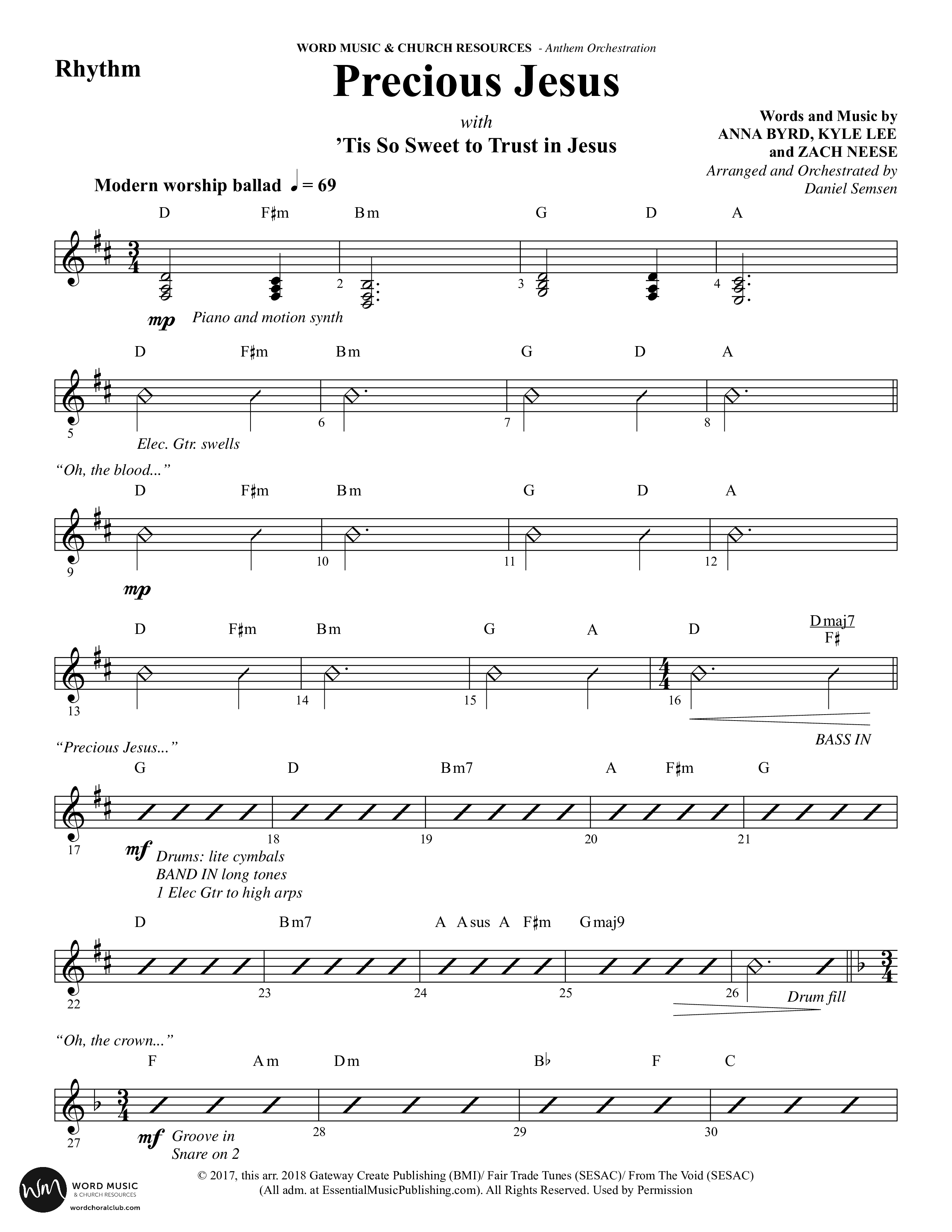 Precious Jesus (with Tis So Sweet To Trust In Jesus) (Choral Anthem SATB) Rhythm Chart (Word Music Choral / Arr. Daniel Semsen)