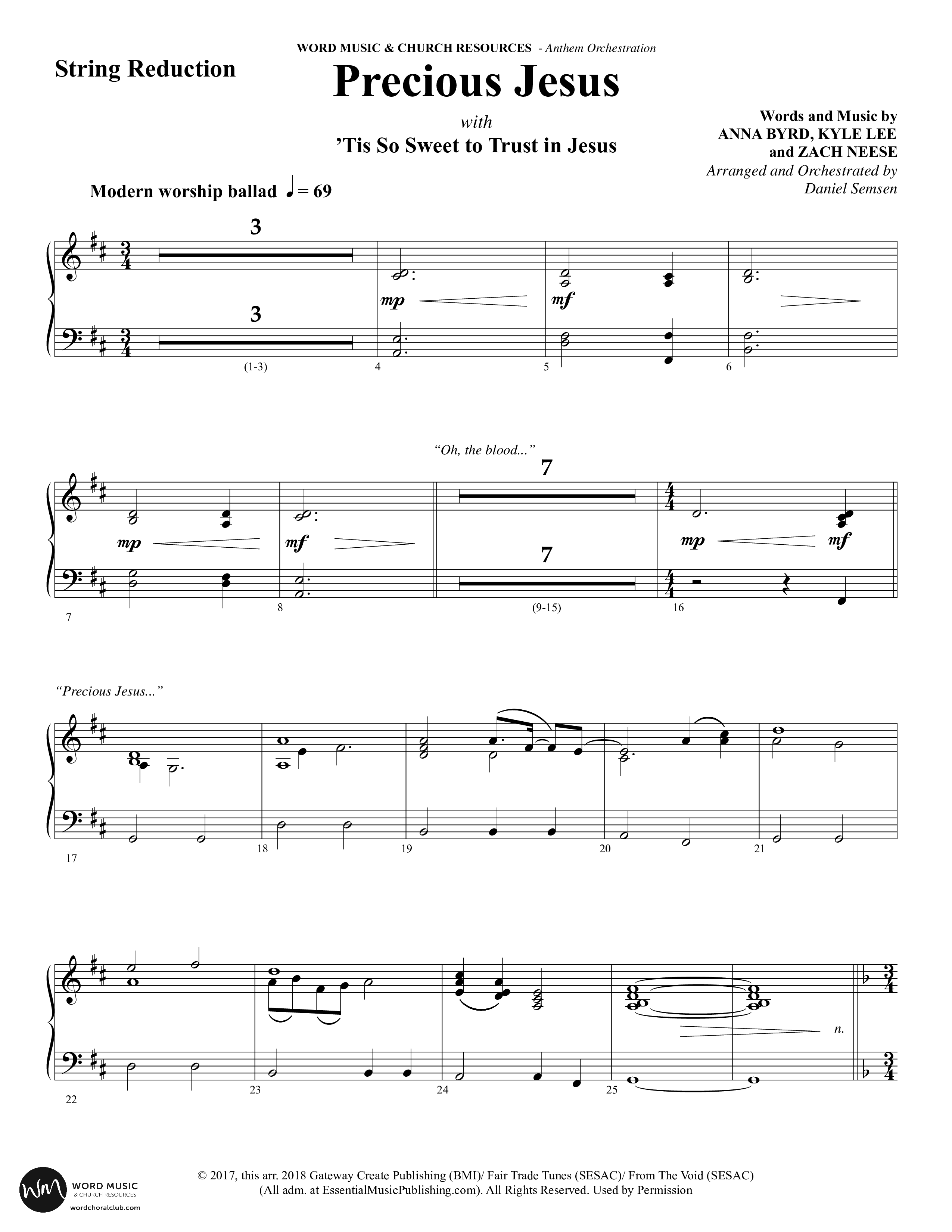 Precious Jesus (with Tis So Sweet To Trust In Jesus) (Choral Anthem SATB) String Reduction (Word Music Choral / Arr. Daniel Semsen)