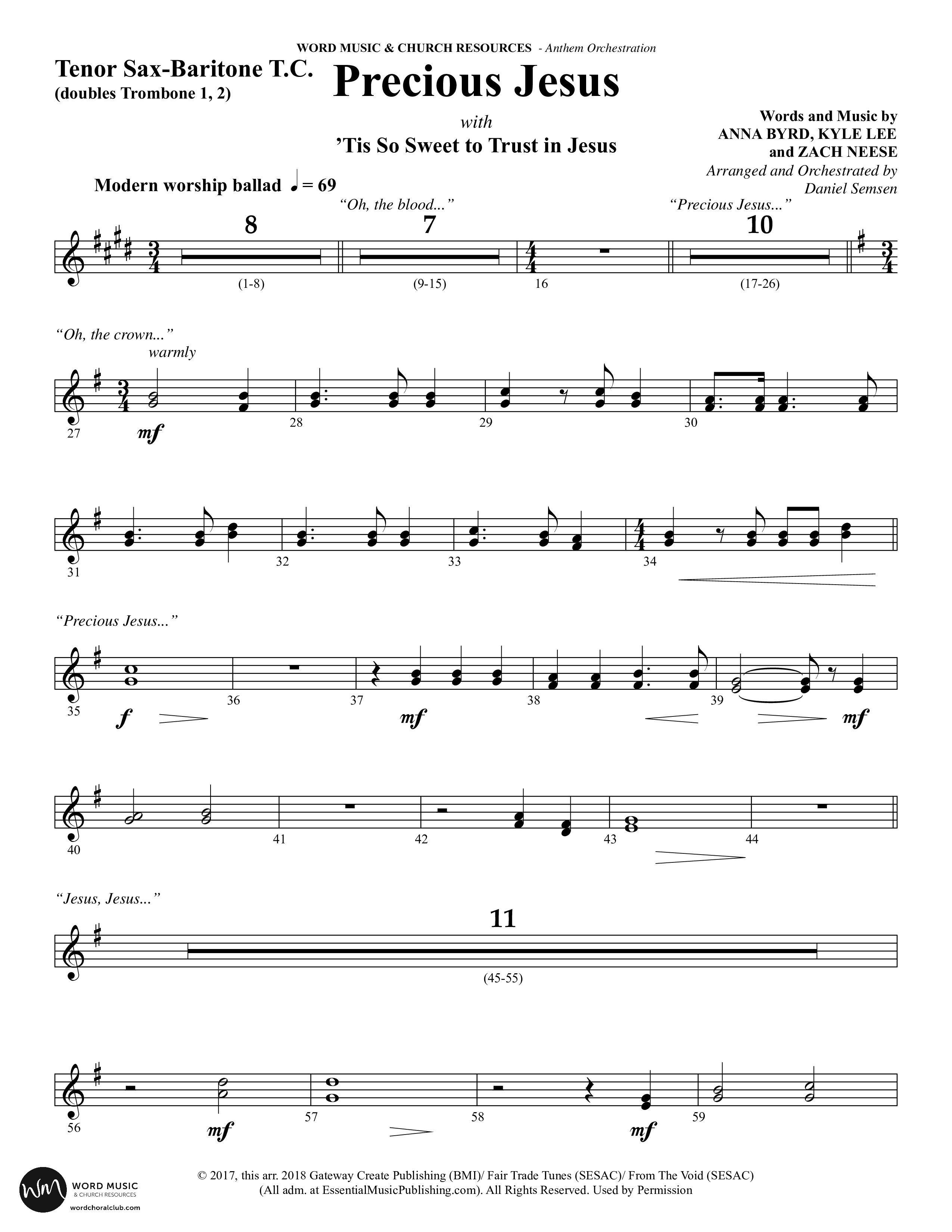 Precious Jesus (with Tis So Sweet To Trust In Jesus) (Choral Anthem SATB) Tenor Sax/Baritone T.C. (Word Music Choral / Arr. Daniel Semsen)