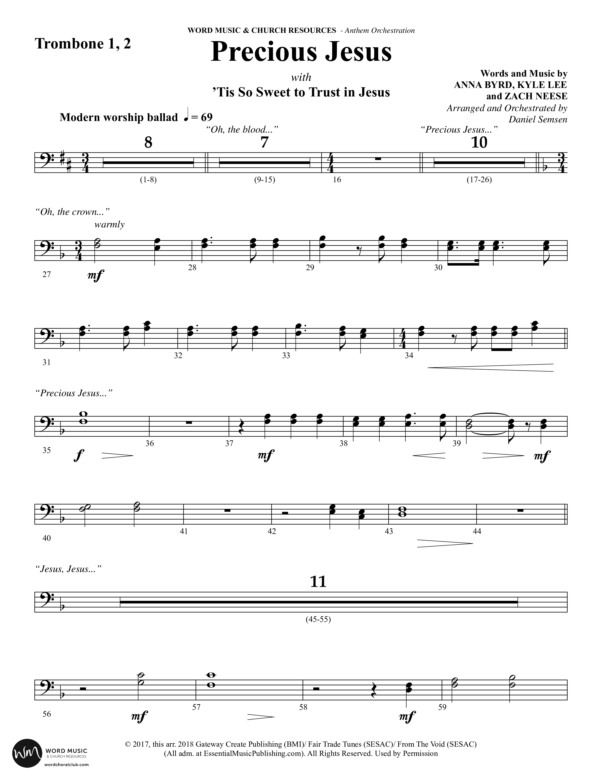 Precious Jesus (with Tis So Sweet To Trust In Jesus) (Choral Anthem SATB) Trombone 1/2 (Word Music Choral / Arr. Daniel Semsen)
