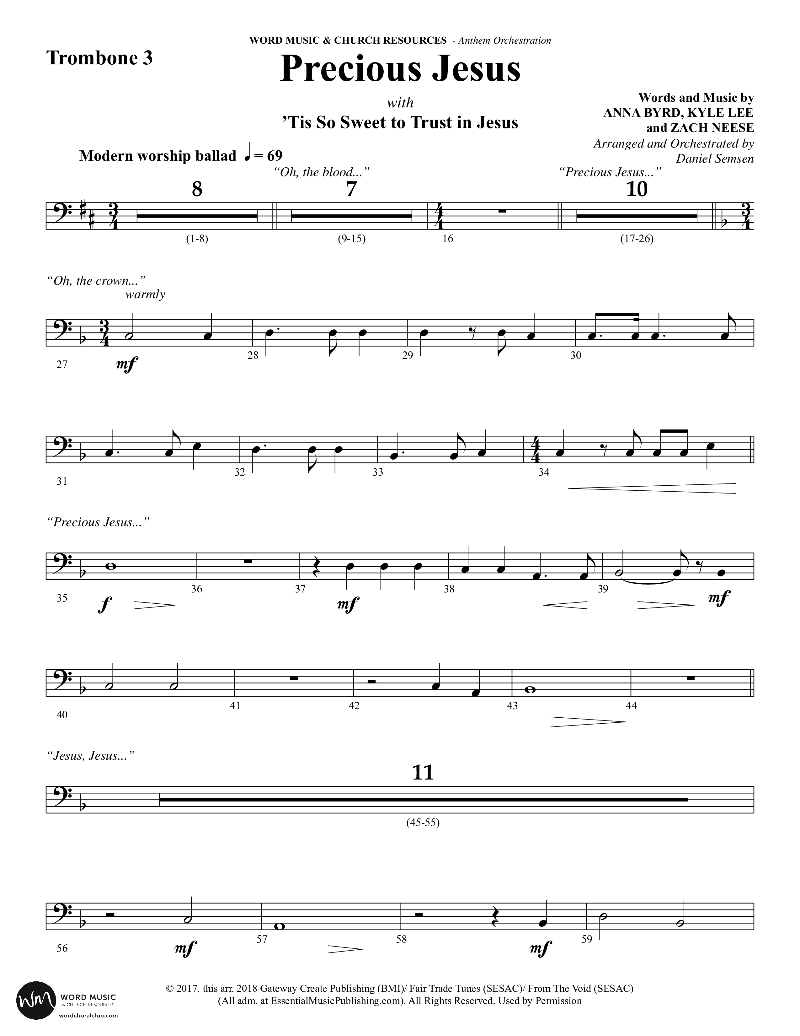 Precious Jesus (with Tis So Sweet To Trust In Jesus) (Choral Anthem SATB) Trombone 3 (Word Music Choral / Arr. Daniel Semsen)
