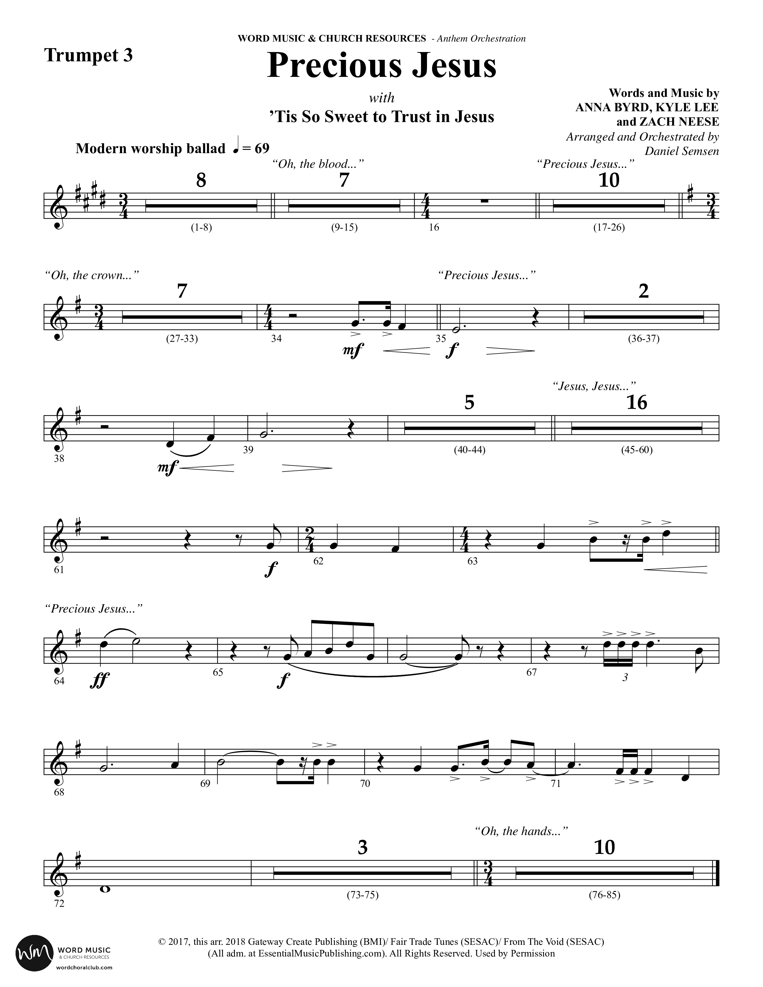 Precious Jesus (with Tis So Sweet To Trust In Jesus) (Choral Anthem SATB) Trumpet 3 (Word Music Choral / Arr. Daniel Semsen)