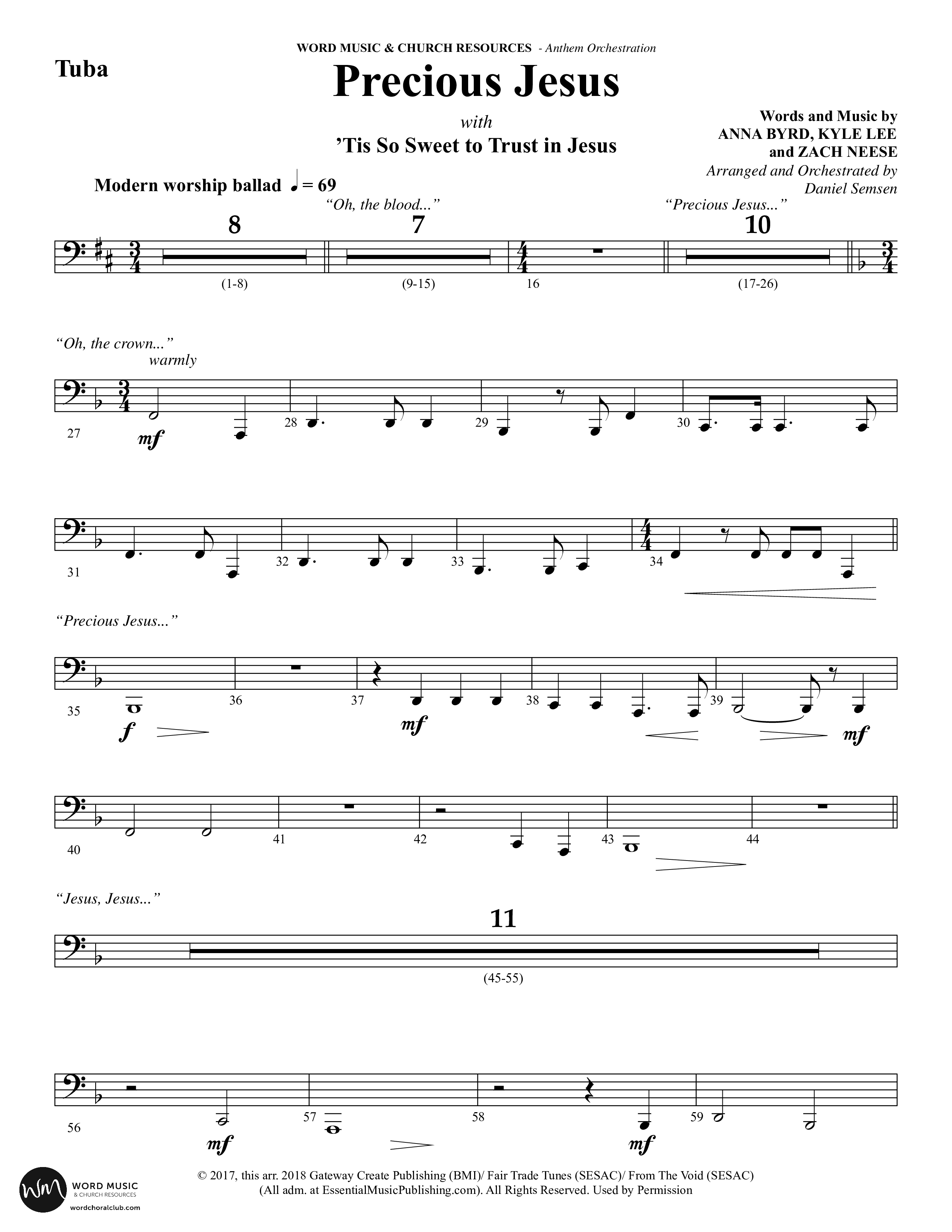 Precious Jesus (with Tis So Sweet To Trust In Jesus) (Choral Anthem SATB) Tuba (Word Music Choral / Arr. Daniel Semsen)