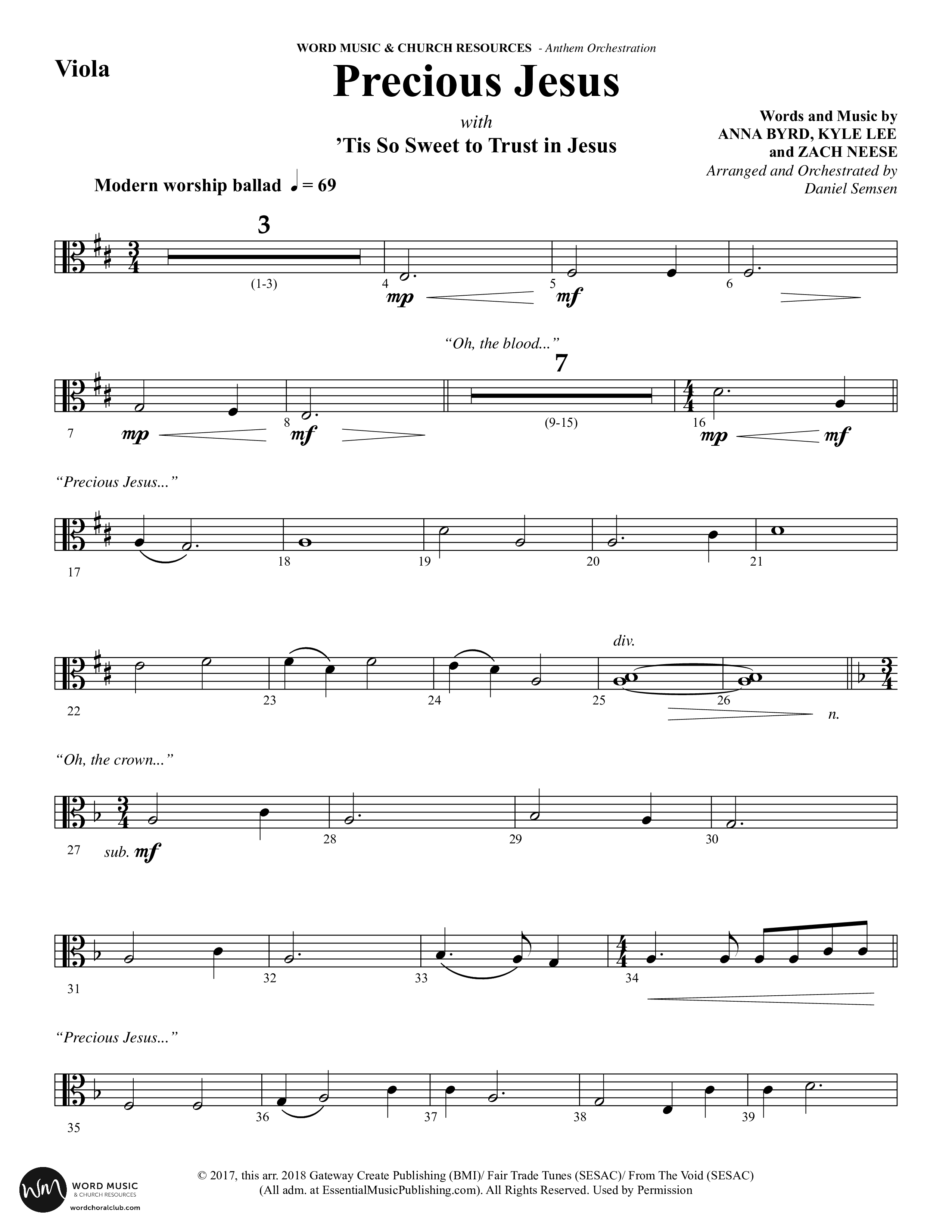 Precious Jesus (with Tis So Sweet To Trust In Jesus) (Choral Anthem SATB) Viola (Word Music Choral / Arr. Daniel Semsen)