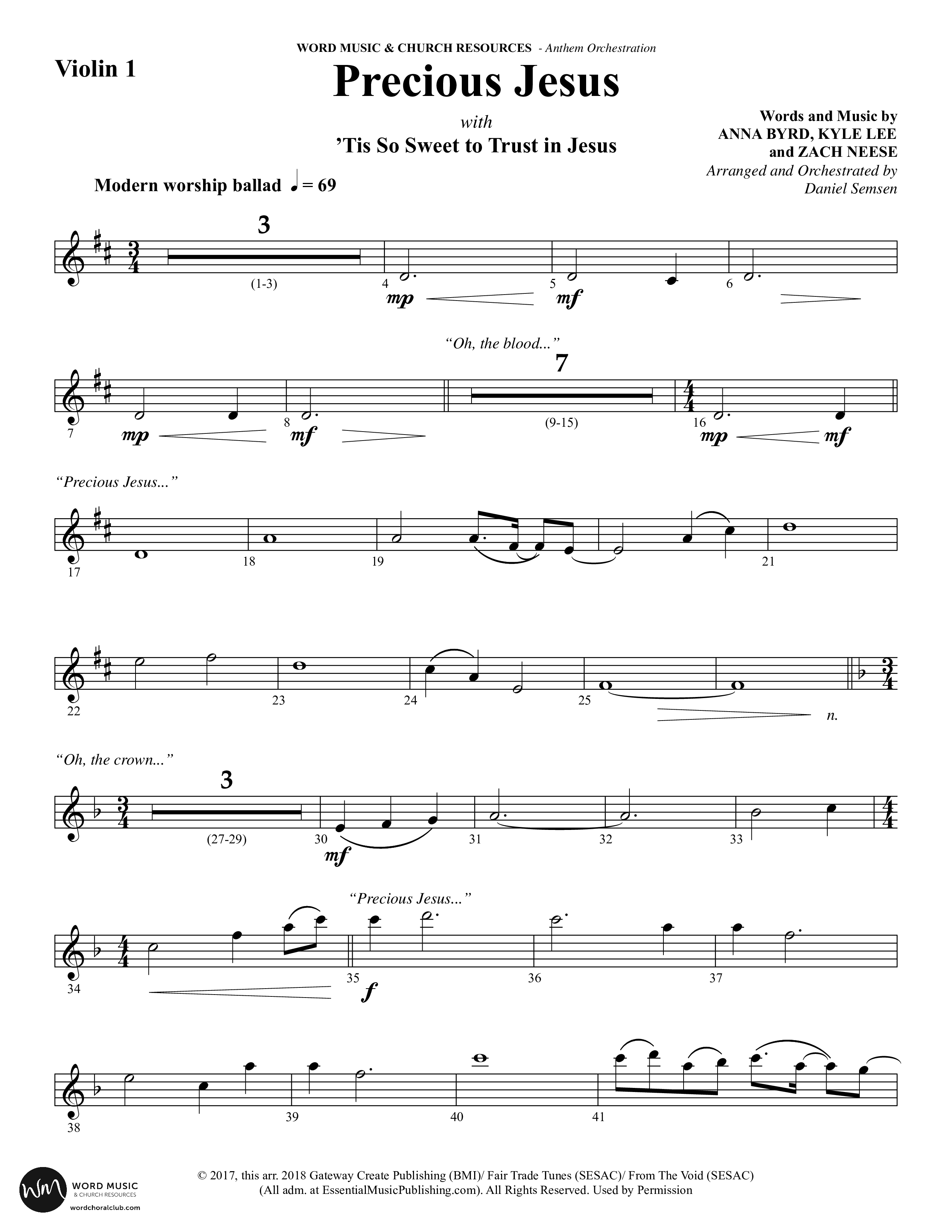 Precious Jesus (with Tis So Sweet To Trust In Jesus) (Choral Anthem SATB) Violin 1 (Word Music Choral / Arr. Daniel Semsen)