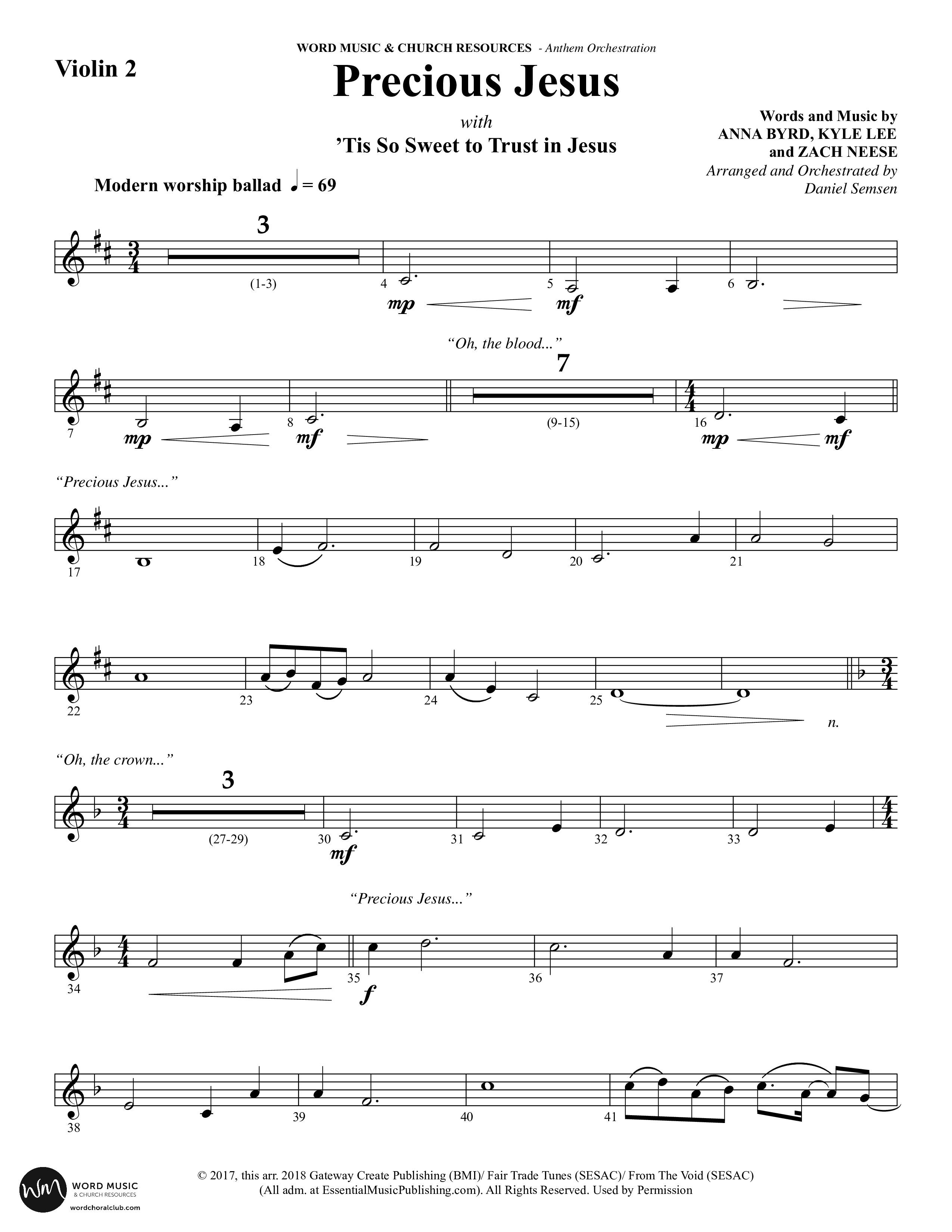 Precious Jesus (with Tis So Sweet To Trust In Jesus) (Choral Anthem SATB) Violin 2 (Word Music Choral / Arr. Daniel Semsen)